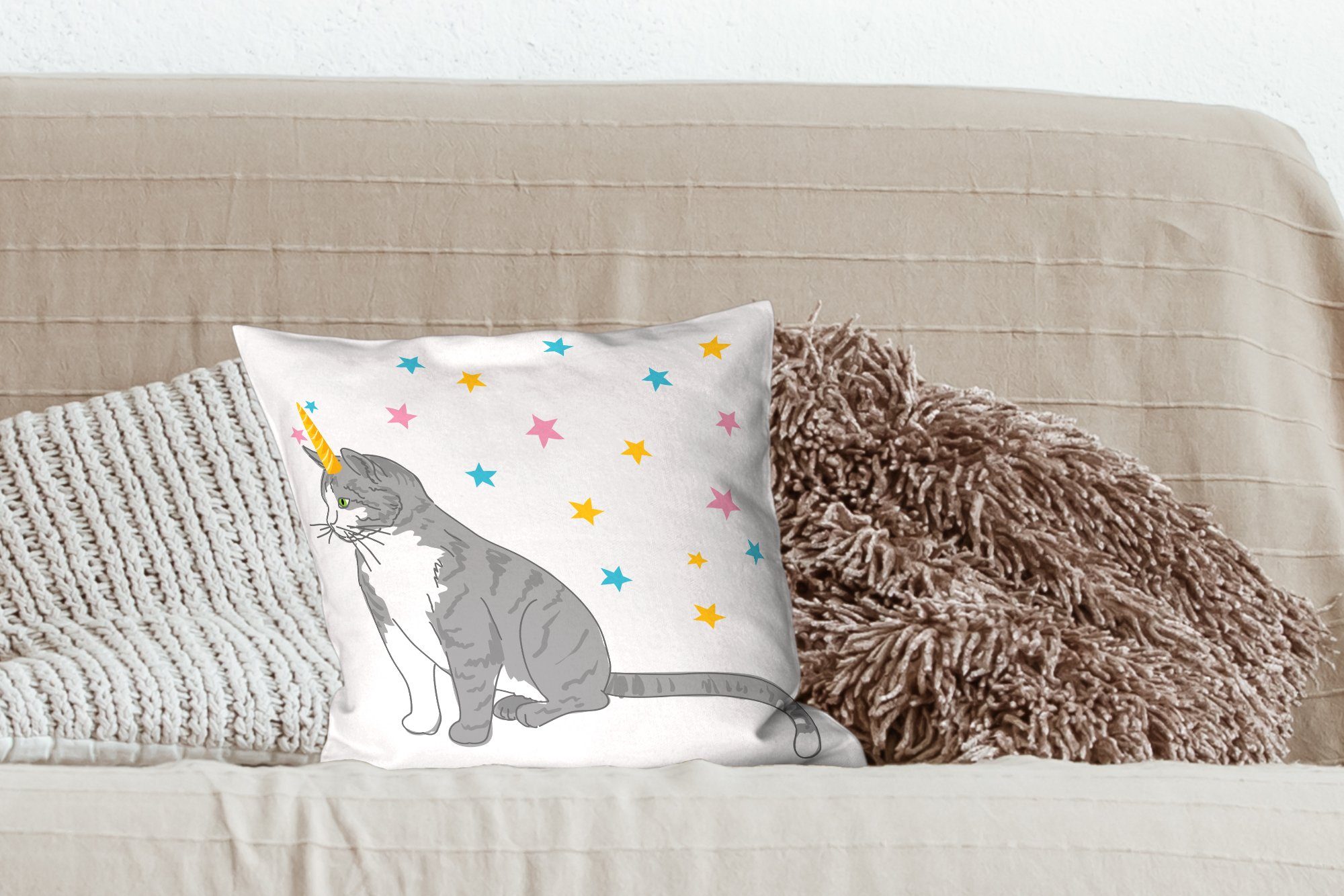 Zierkissen Füllung Katze Dekokissen Illustration MuchoWow Deko, Schlafzimmer, Sofakissen Wohzimmer, mit für Kinder Einhorn,