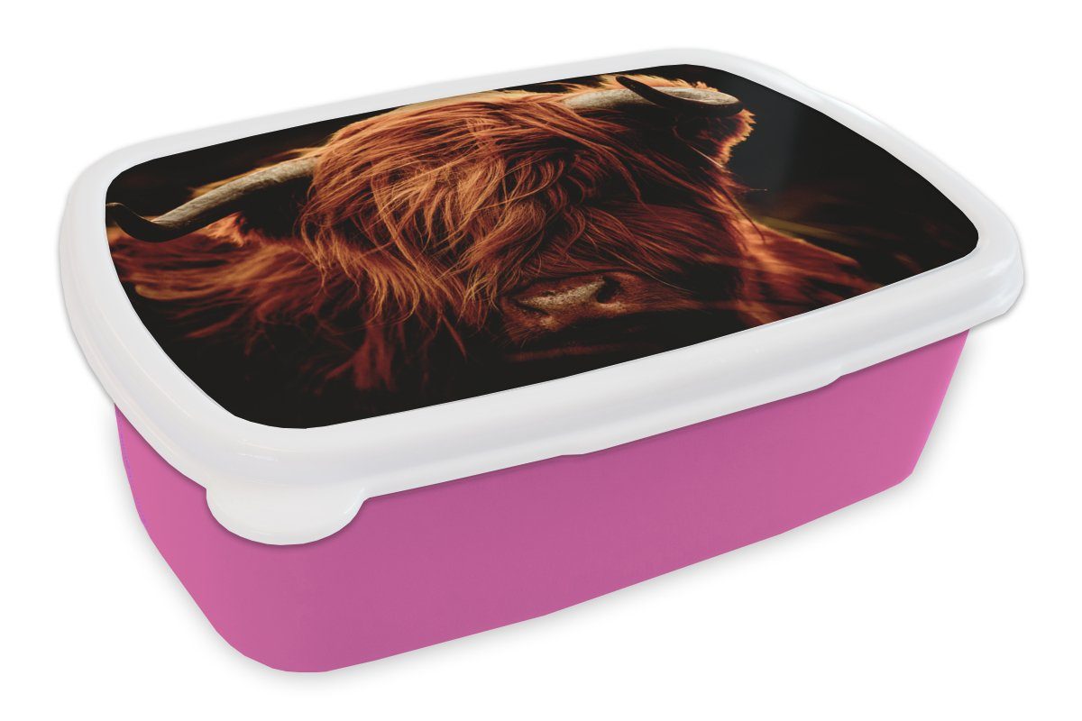 Verkauf zum Sonderpreis MuchoWow Lunchbox Schottischer Highlander Kinder, Brotbox Kunststoff Kuh (2-tlg), - Tiere, Brotdose Snackbox, Kunststoff, - - für Hörner Erwachsene, Mädchen, Porträt rosa 
