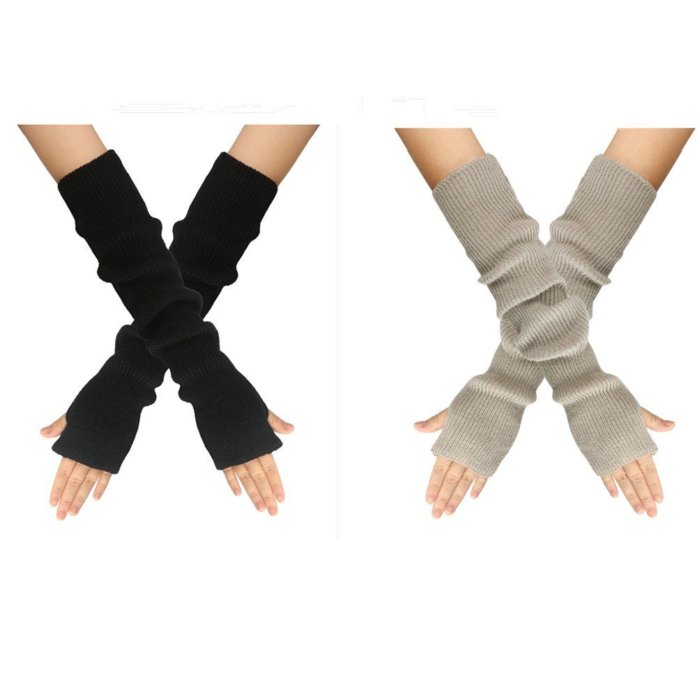 XDeer Strickhandschuhe 2 Paar Lange Fingerlose Handschuhe,Winter Stricken Halbfingerhandschuhe Armstulpen mit Daumenloch für Damen black+gray