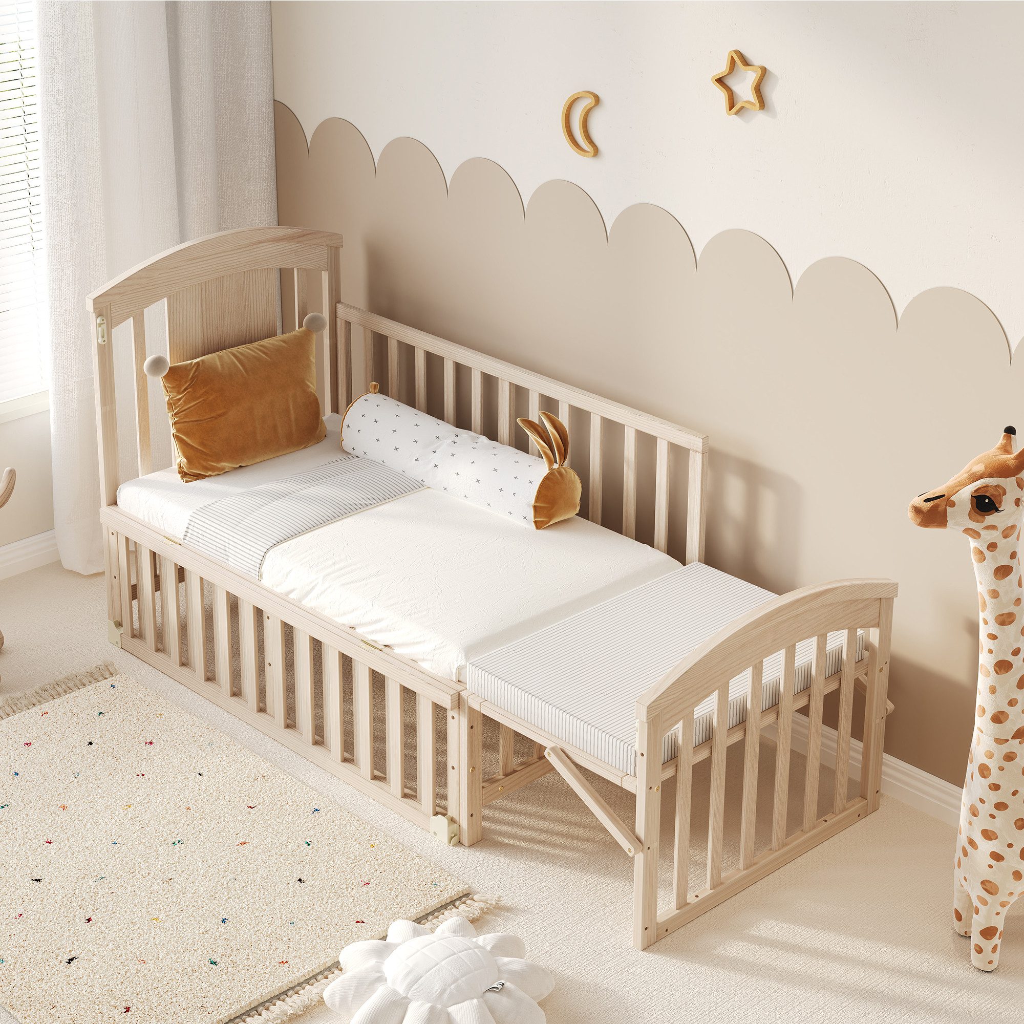 Merax Babybett 60x(120-160)cm, Verlängerbar Gitterbett mit Klappbarem Ablagerack, Höhenverstellbar Kinderbett, Umwandelbar in Nebenbett, Natur