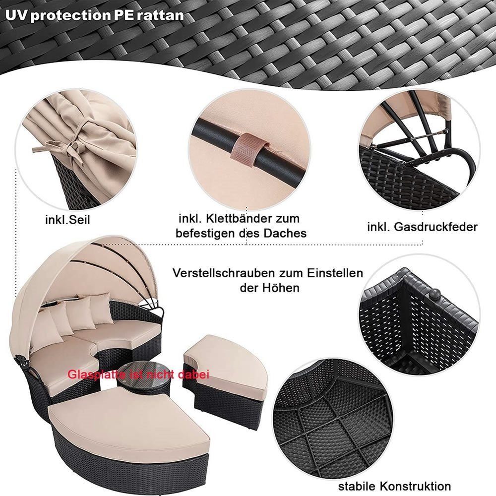 Melko Gartenlounge-Set Polyrattan Sonneninsel Tisch & Kissen 180CM Strandkorb Set, (Stück), Wasserabweisend