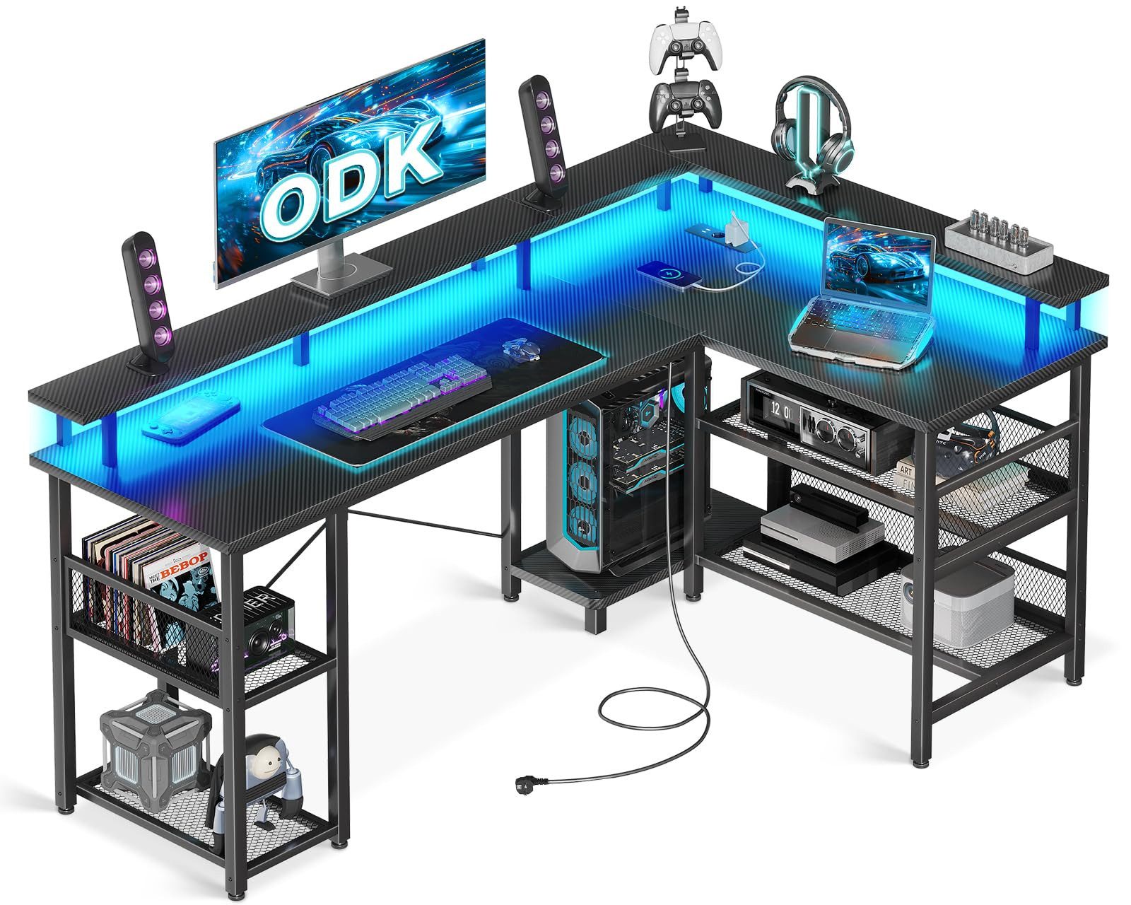ODK Gamingtisch mit LED-Beleuchtung, 150cm Reversibler Eckschreibtisch, L-Form (1-St), Multifunktionaler Tisch mit Steckdosen & USB, Schwarz Kohlefaser-Optik