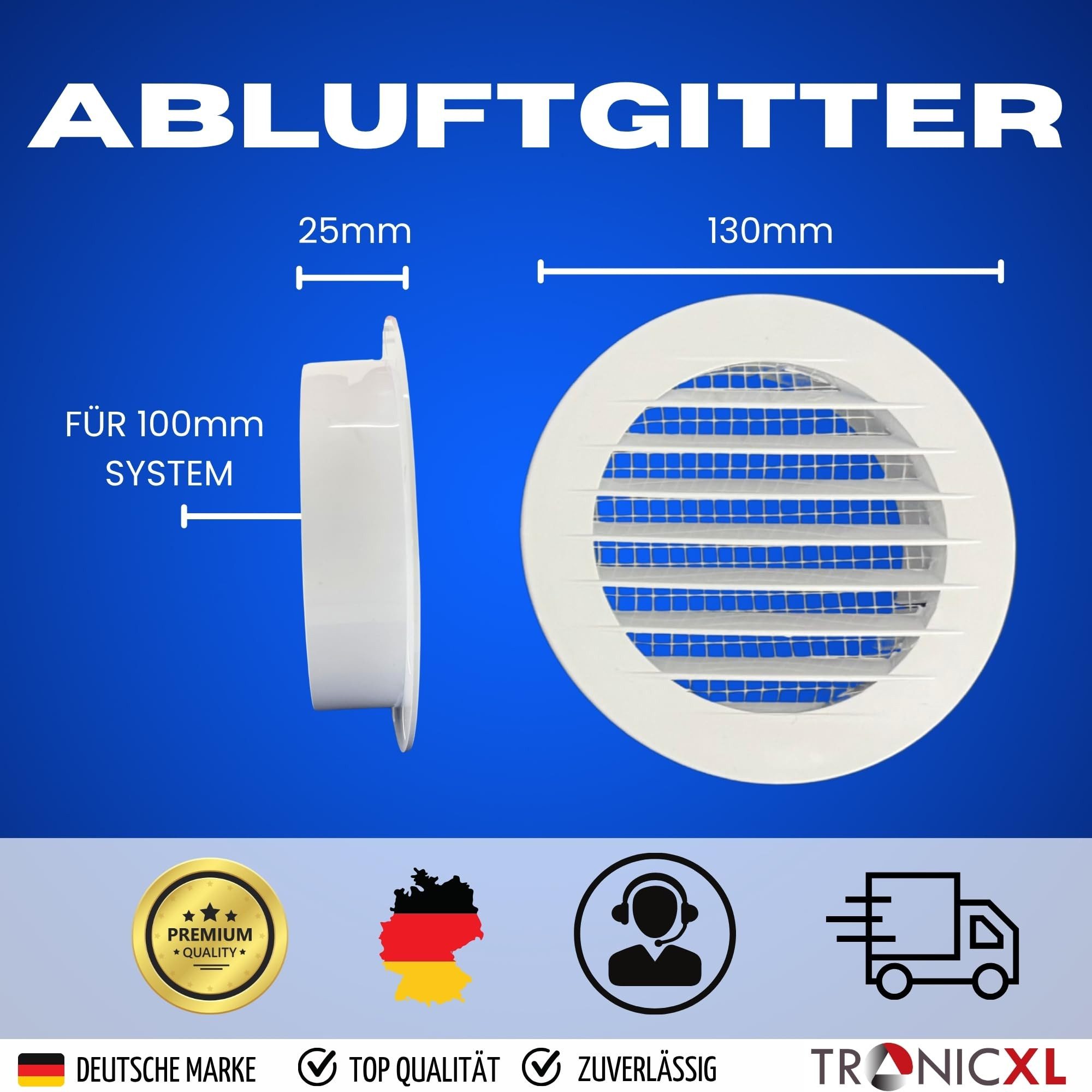 TronicXL Leerrohr Abluftgitter + Rohr 104mm 50cm für 100mm Lüfter Abluft Ventilator, Abluftrohr Mauer Durchführung Grow