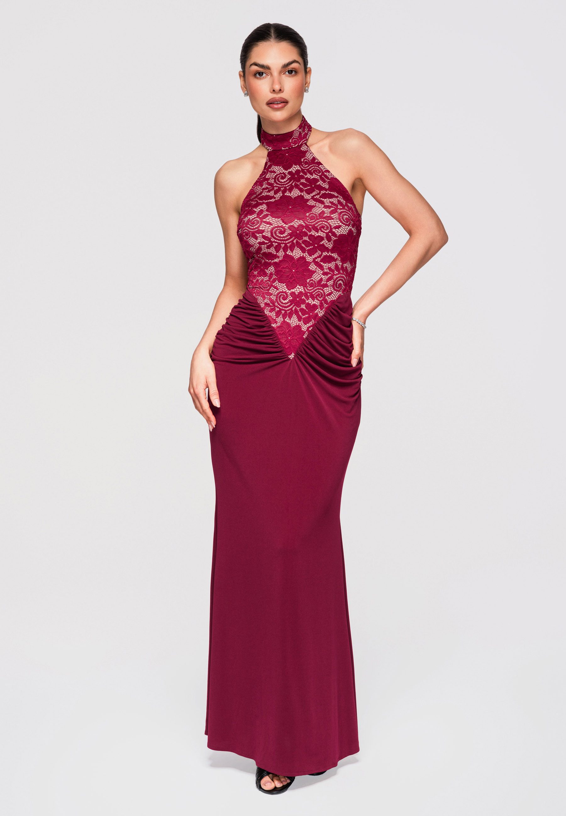 OMBRE Abendkleid Maxikleid Abendkleid mit Spitze Elegant Bordeaux M (kein Set, 1-tlg) Koronkowy panel, geraffter Hüftbereich, offene Schultern und Rücken