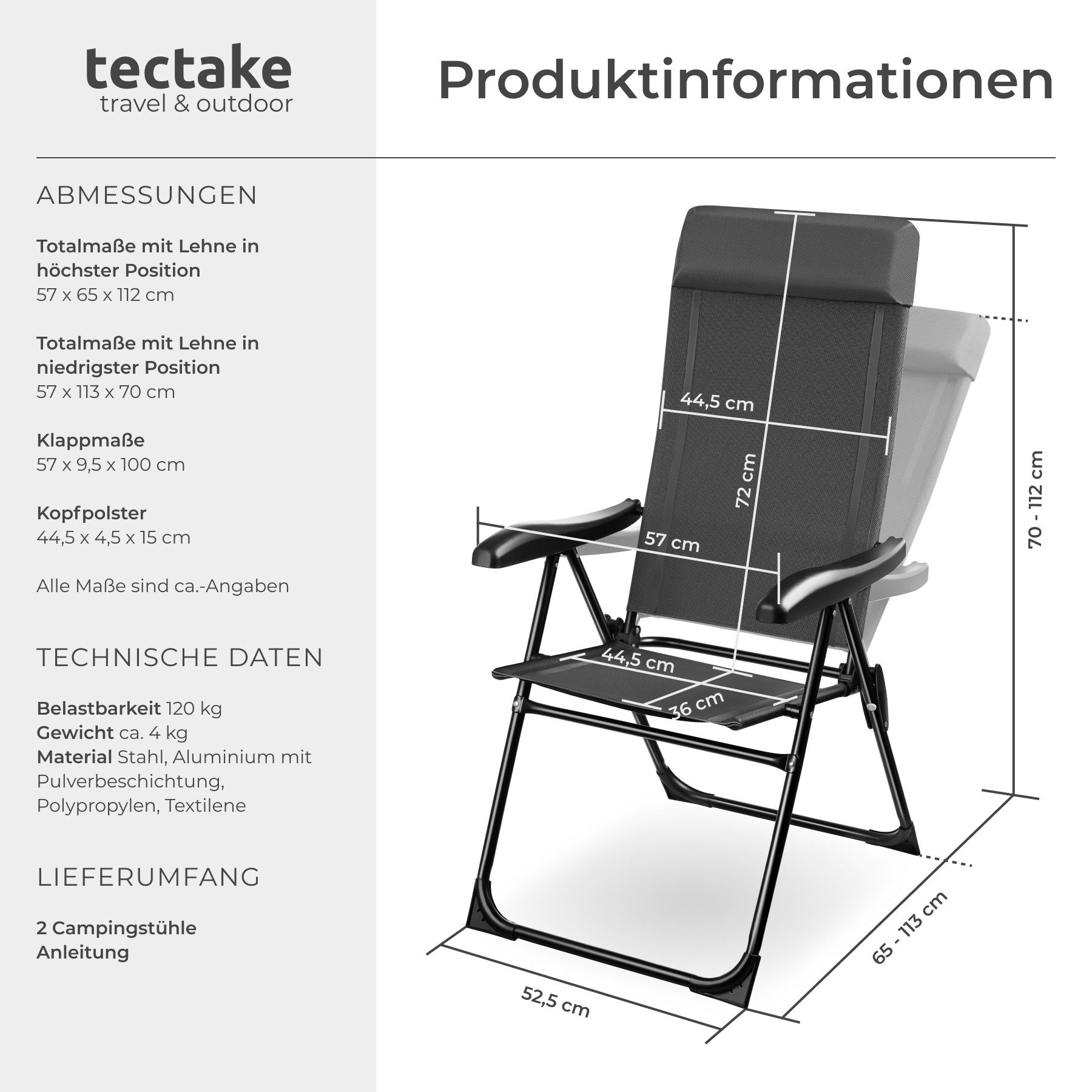 tectake Campingstuhl Müritz (Set., 2 St), Robuste Stahlgestelle ummantelt mit rostfreiem Aluminium