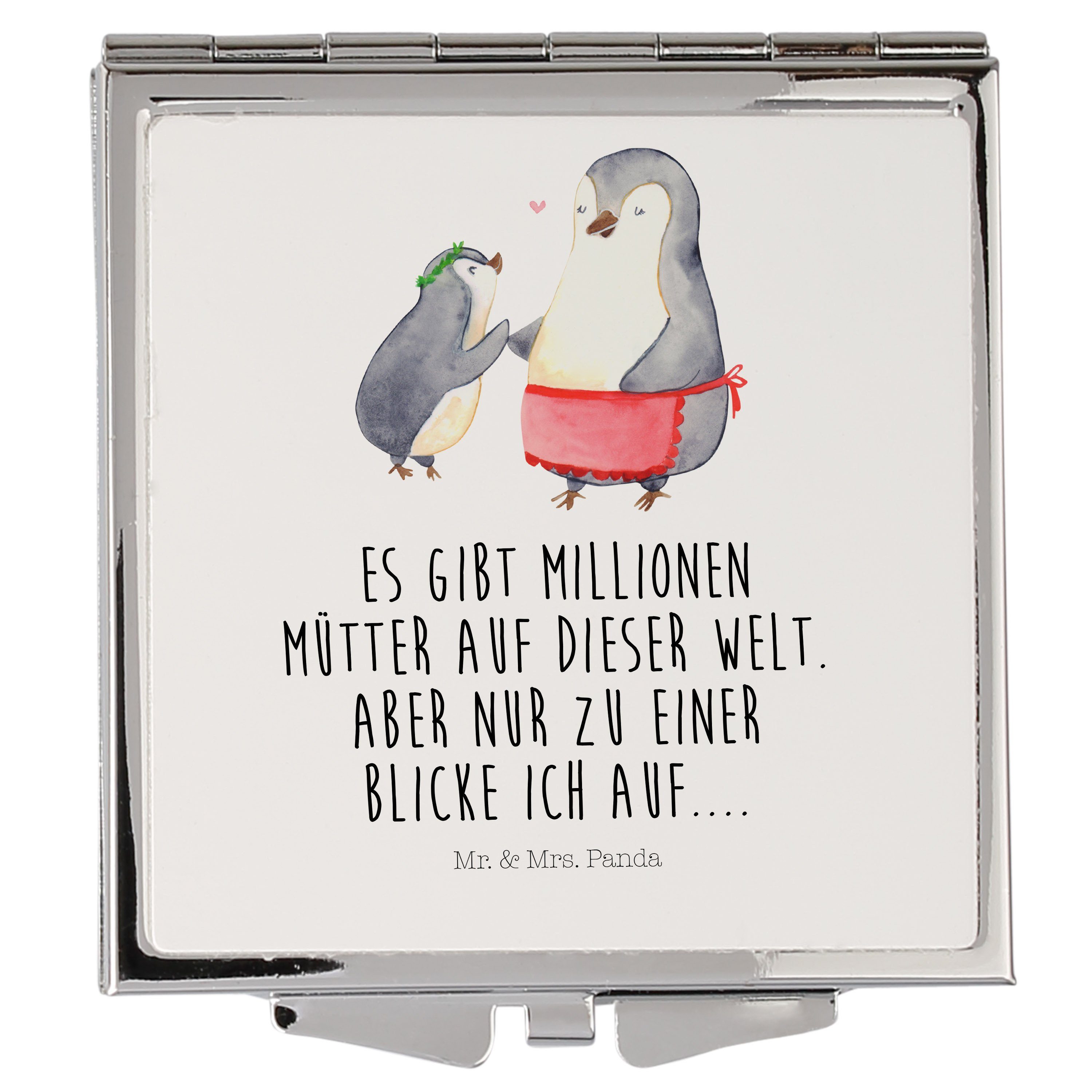 Mr. & Mrs. Panda Kosmetikspiegel Pinguin mit Kind - Weiß - Geschenk, silber, Spiegel, Vatertag, Handta (1-St)