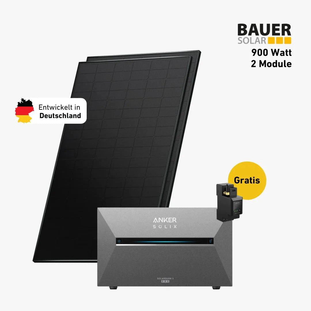 Balkonstrom Balkonkraftwerk 900W mit Speicher, Anker 3 Pro, Komplettset, Bifazial, Premium, 900 W, Monokristallin, (Anker SOLIX Solarbank 3 E2700 PRO Stromspeicher), Made in Germany Kabel