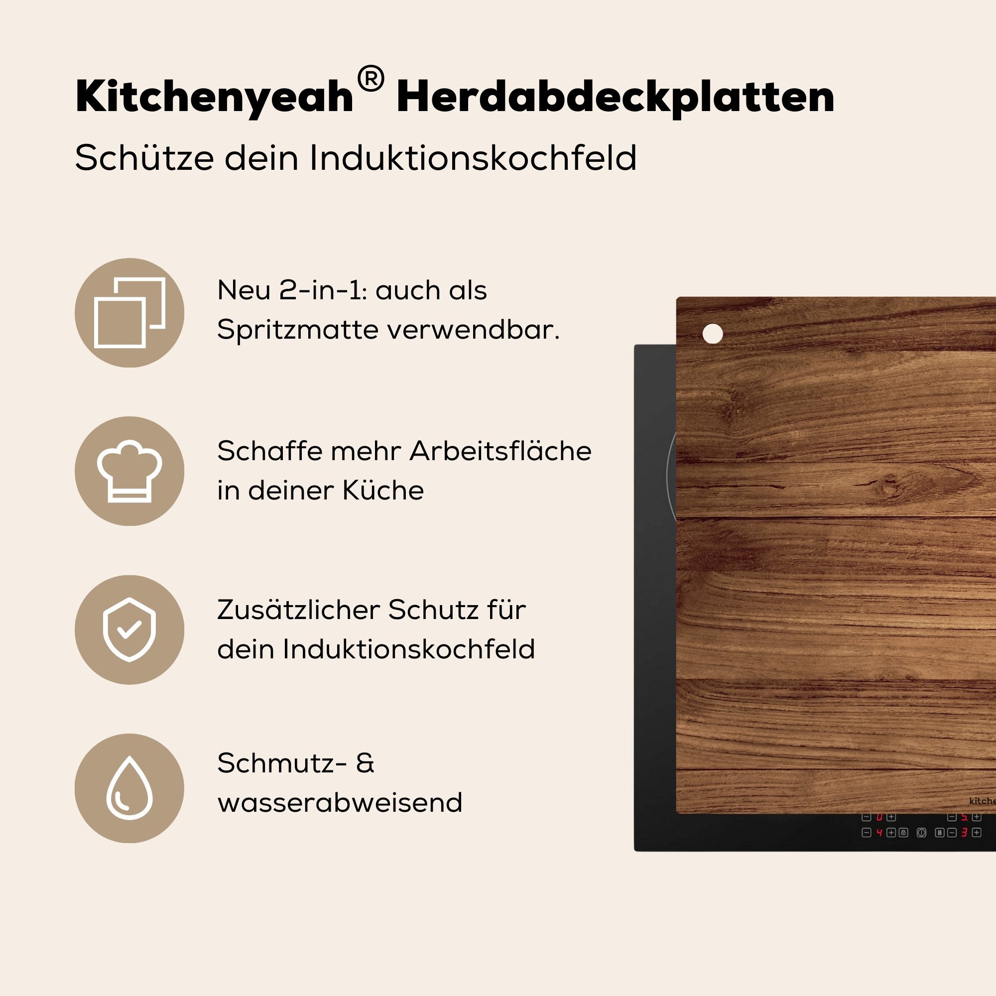 KitchenYeah Küchenrückwand Braun - Holzoptik/print, (1-tlg), Abdeckplatte für Ceranfeld, Herd Inductionsmatte, 57x51 cm