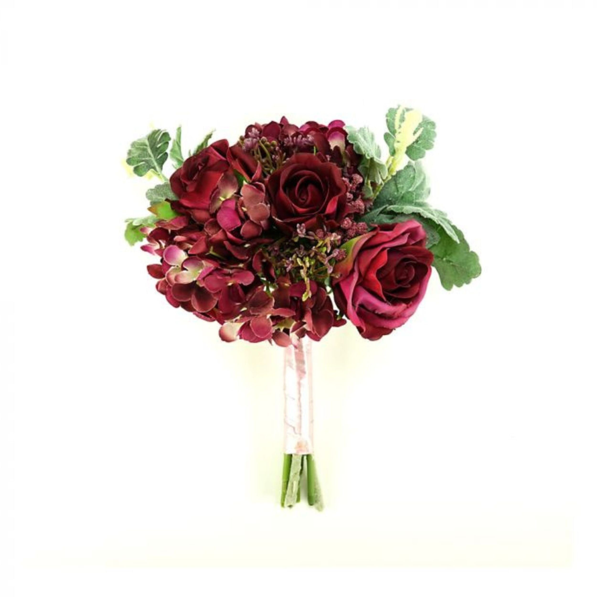 Kunstblume Blumenstrauß Blumenbouquet mit Hortensien GmbH Flor Weinrot Decor und & Import Rosen 28cm