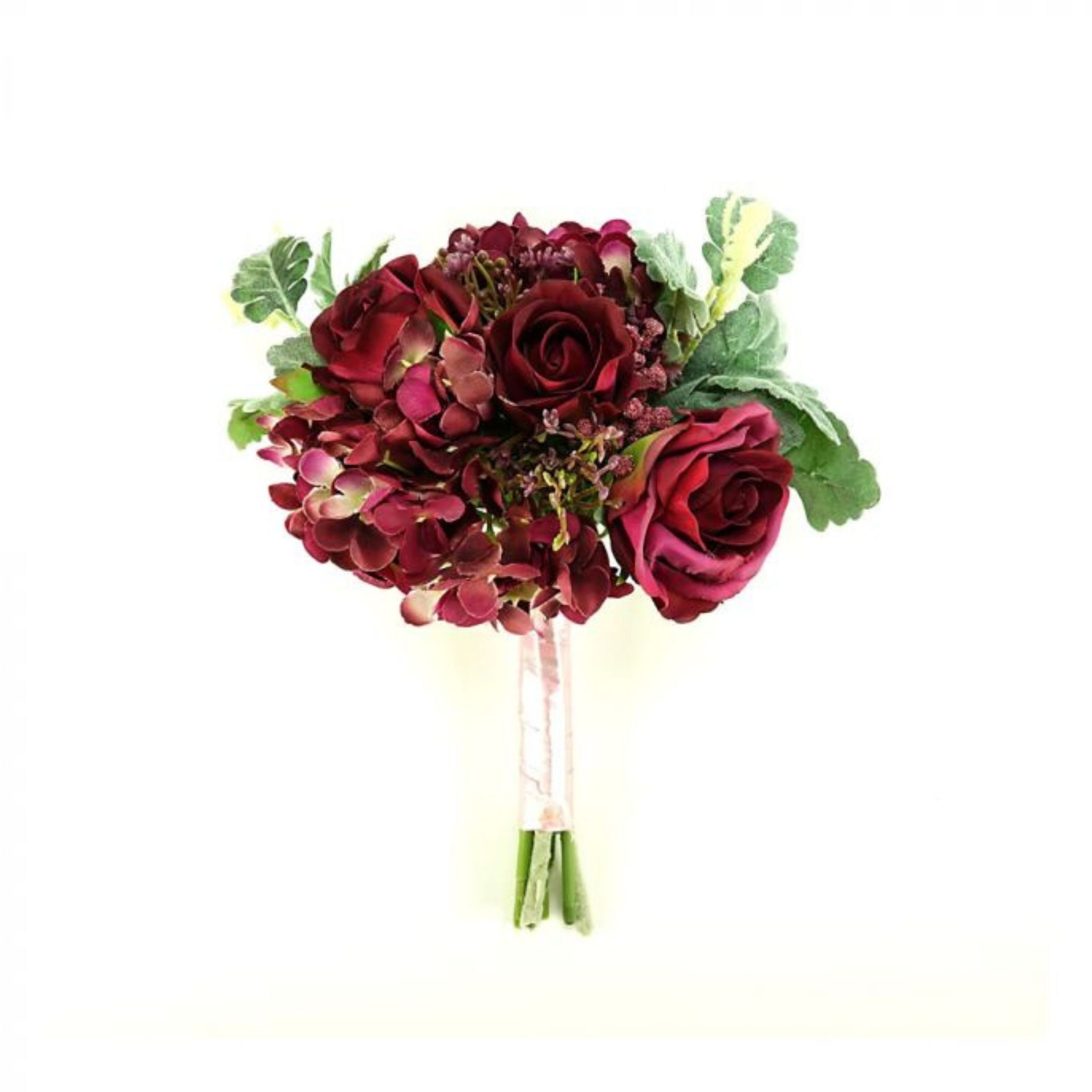 Kunstblume Blumenstrauß Blumenbouquet mit Hortensien und Rosen Weinrot 28cm,  Flor & Decor Import GmbH