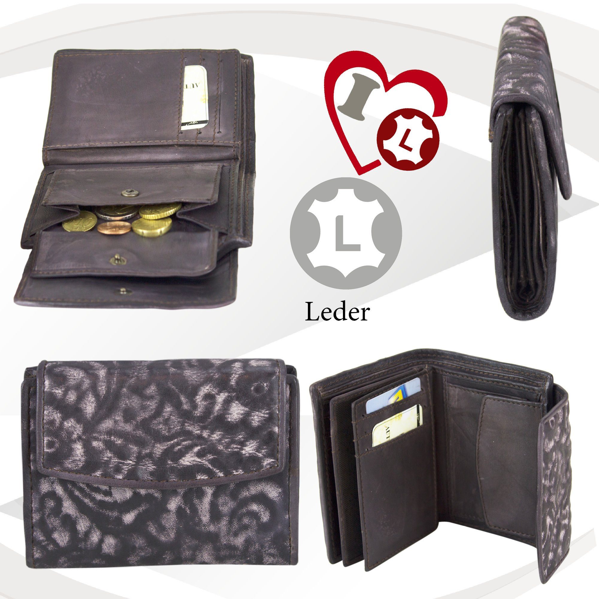 Sunsa Geldbörse Vintage Leder, D.braun Portemonnaie Vintage Style, echt mit RFID-Schutz, Geldbeutel zeitlos Leder Damen, Kleine Brieftasche