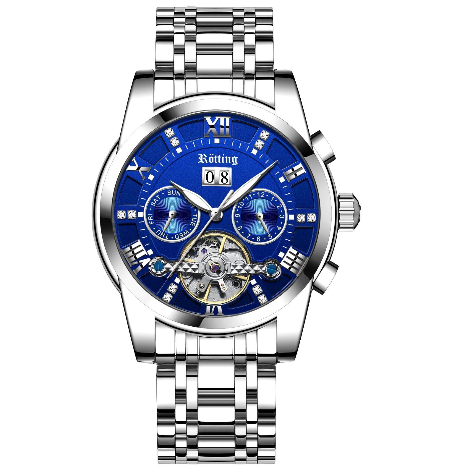 Rötting Design Automatikuhr Herrenuhr blaues Ziffernblatt DATUM Umfang 18 bis 24 cm wählbar