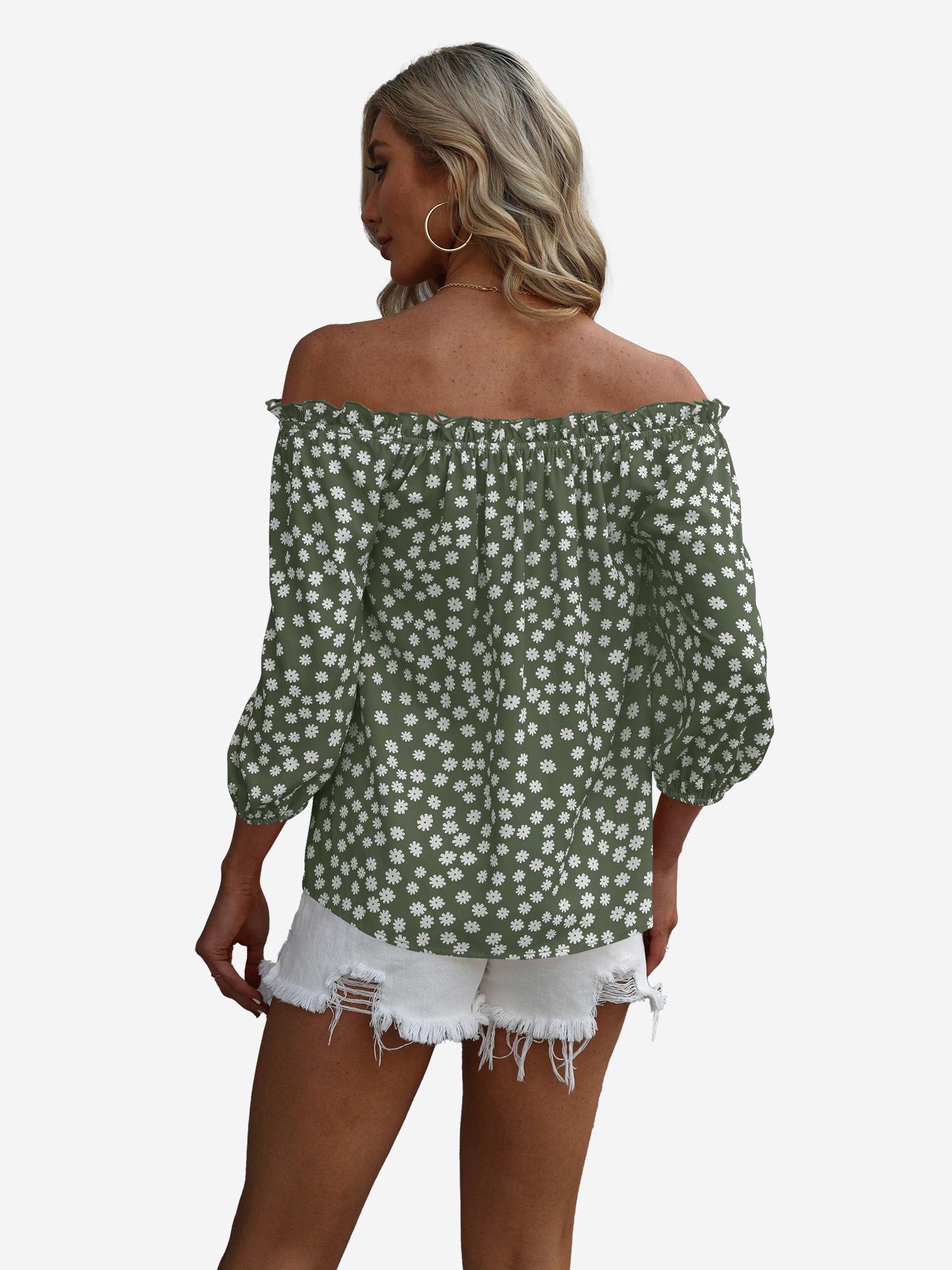 Imily Bela Druckbluse Damen Off-Shoulder mit Blumenmuster und 3/4-Ärmeln Casual Oberteil (Packung, 1-tlg., 1per-Pack) mit allover Print
