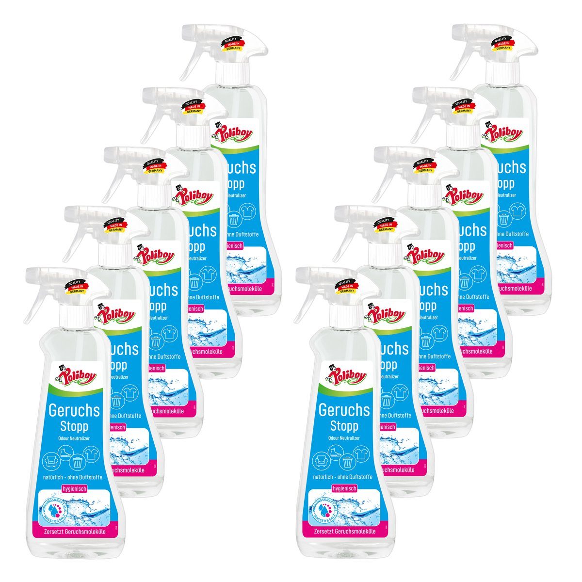 poliboy Aktiv Geruchs Stopp - 10x500ml Reinigungsspray (verbannt schlechte Gerüche von Oberflächen - Made in Germany)