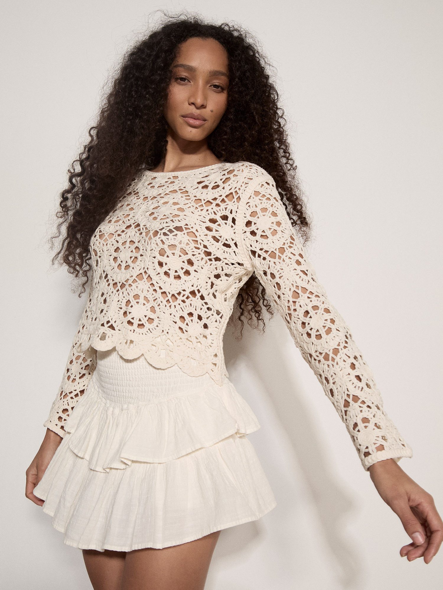 Apricot Spitzenshirt Boho-Häkeloberteil mit Blumenmuster Häkelverzierungen