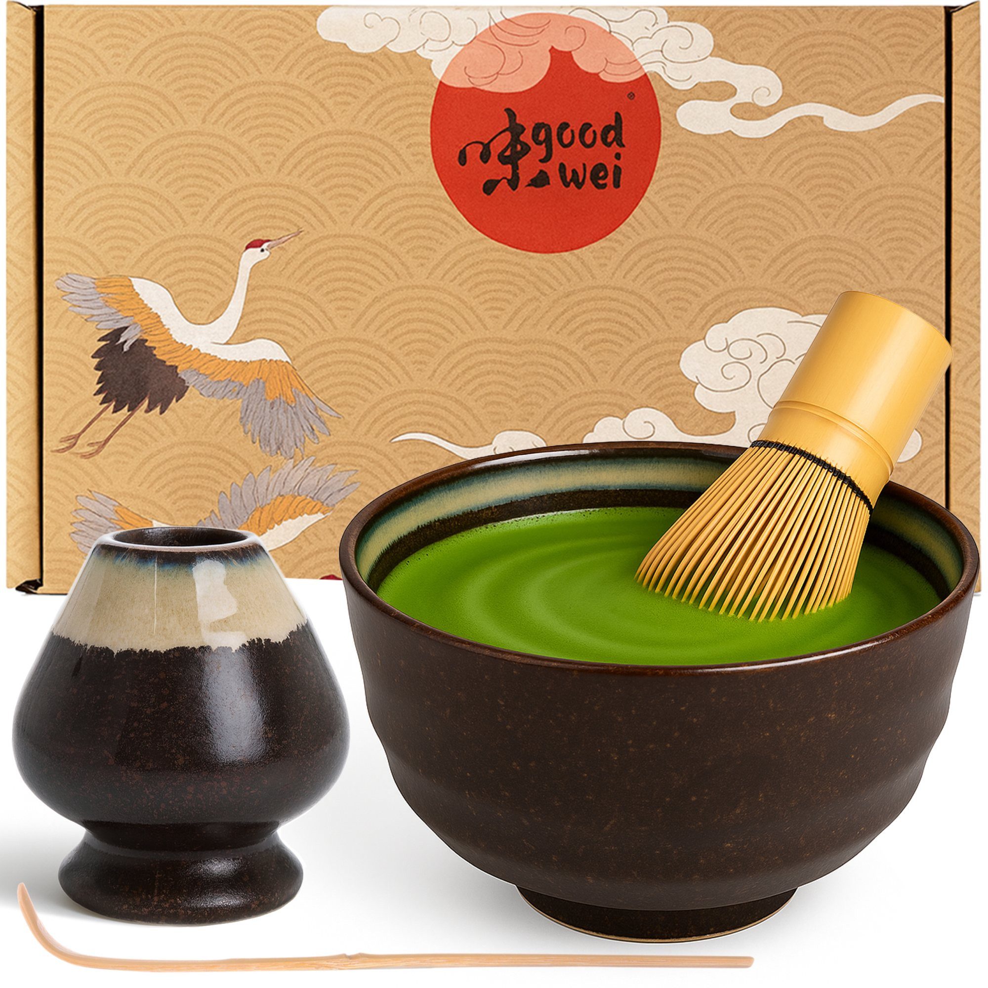 Goodwei Teeschale Matcha Teezeremonie Set "Kumo" mit Teeschale, Besen und Besenhalter, 4-tlg., Keramik