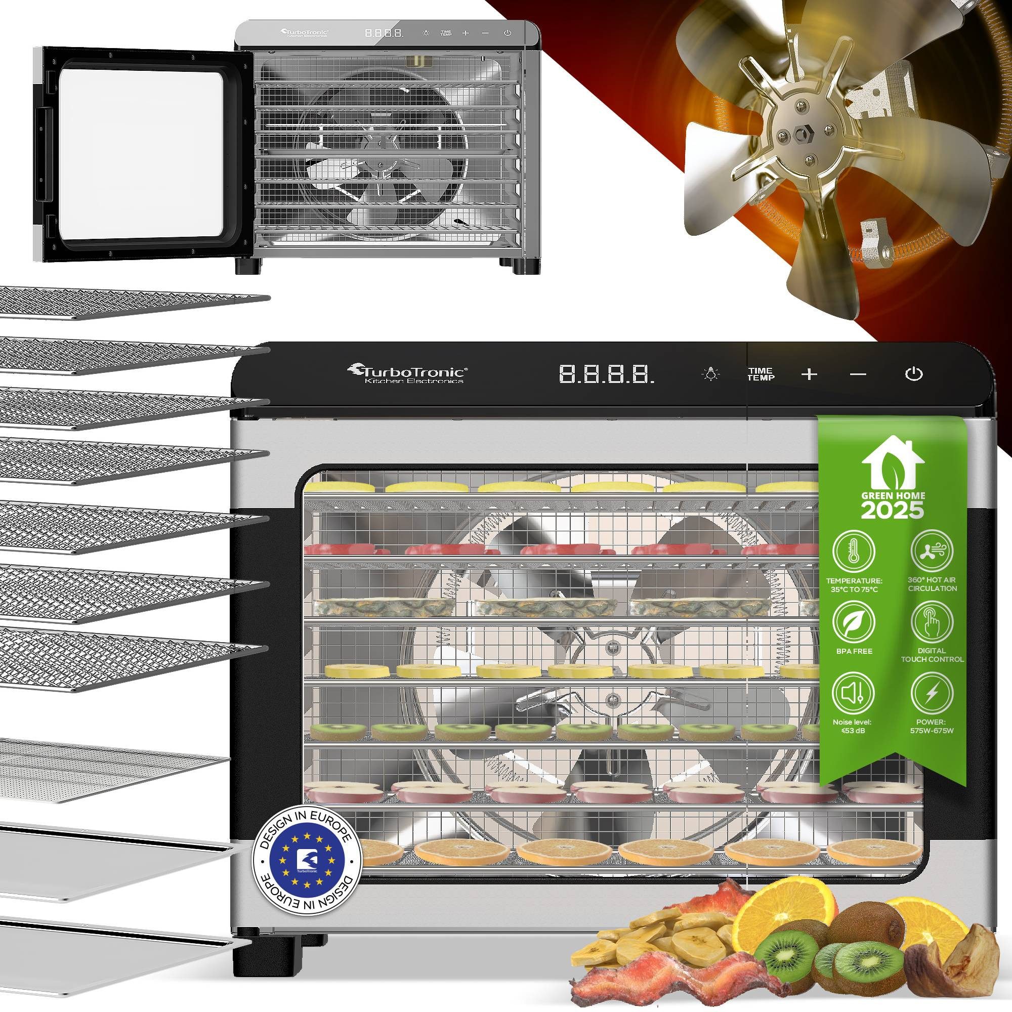 TurboTronic by Z-Line Dörrautomat 50 Liter 35°C bis 75°C komplett aus Metall Food Dehydrator Obst Gemüse 650 W, 7 Etagen, Fleisch Pilze Früchtetrockner Dörrapparat Dörrer Dörrautomat Edelstahl