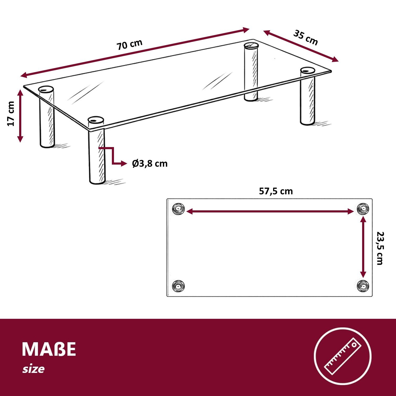 HOOZ TV-Aufsatz Klarglas mit Aluminiumfüßen - Ablage und Platzerweiterung 70x35cm, (modern, 1-St., mit Aufbauanleitung), aus Sicherheitsglas