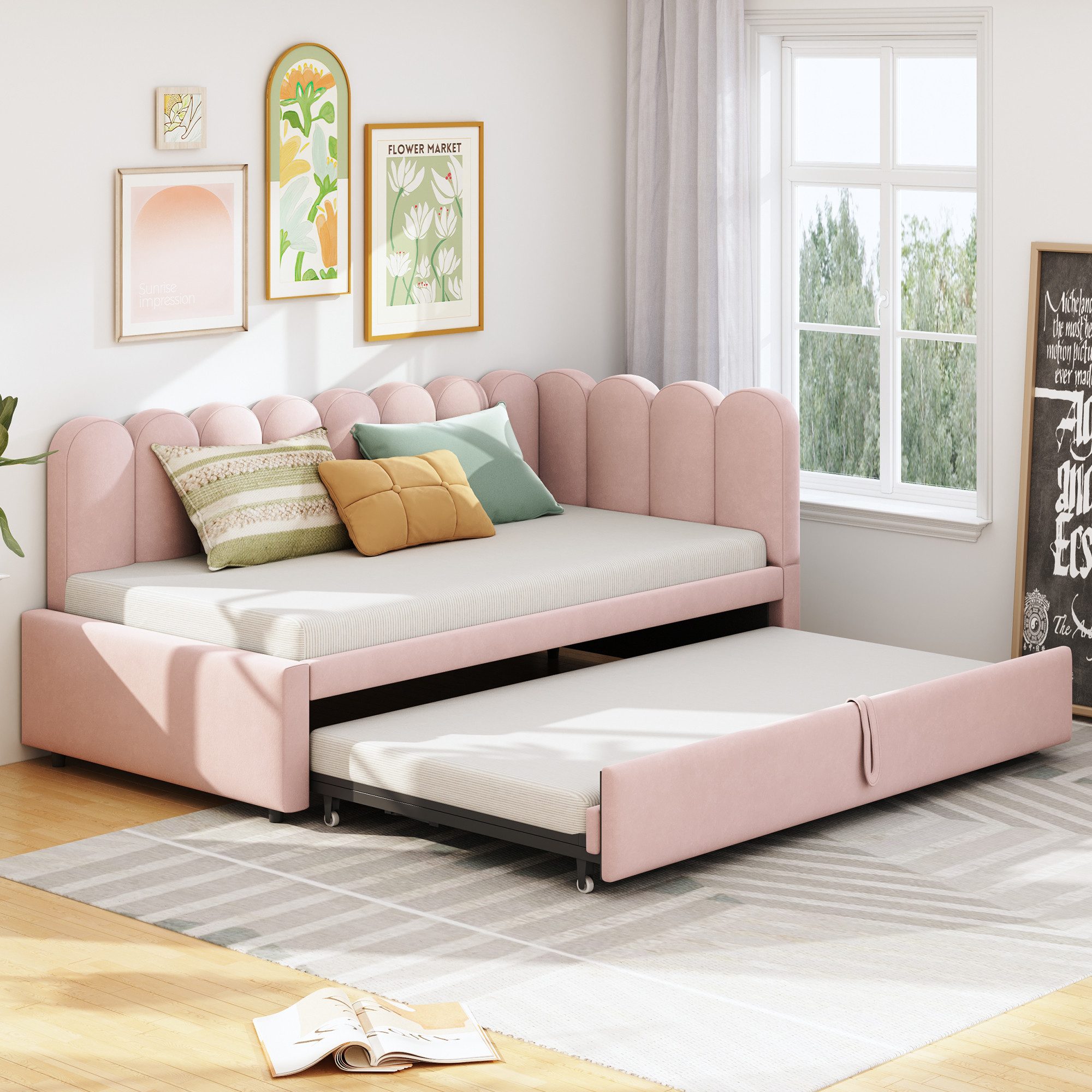MODFU Schlafsofa Samt-Polsterbett, Kinderbett, L-Form mit Ausziehbett, 90/180x200 cm, 2-in-1 Gästebett, platzsparend & luxuriös gepolstert, ohne Matratze