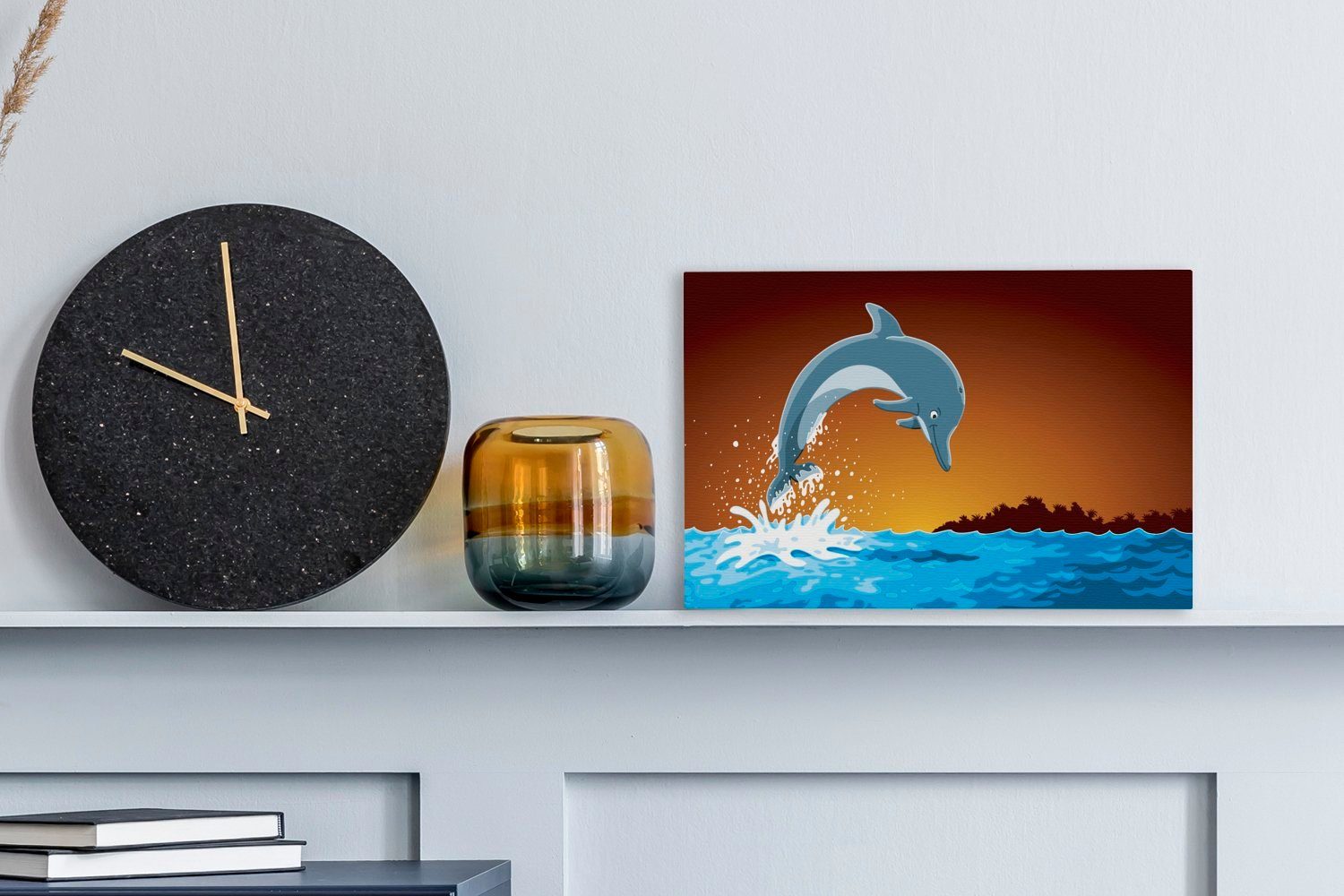 cm St), 30x20 (1 Leinwandbilder, Leinwandbild Delfin Sonnenuntergang, Wasser - Wandbild Aufhängefertig, - OneMillionCanvasses® Wanddeko,