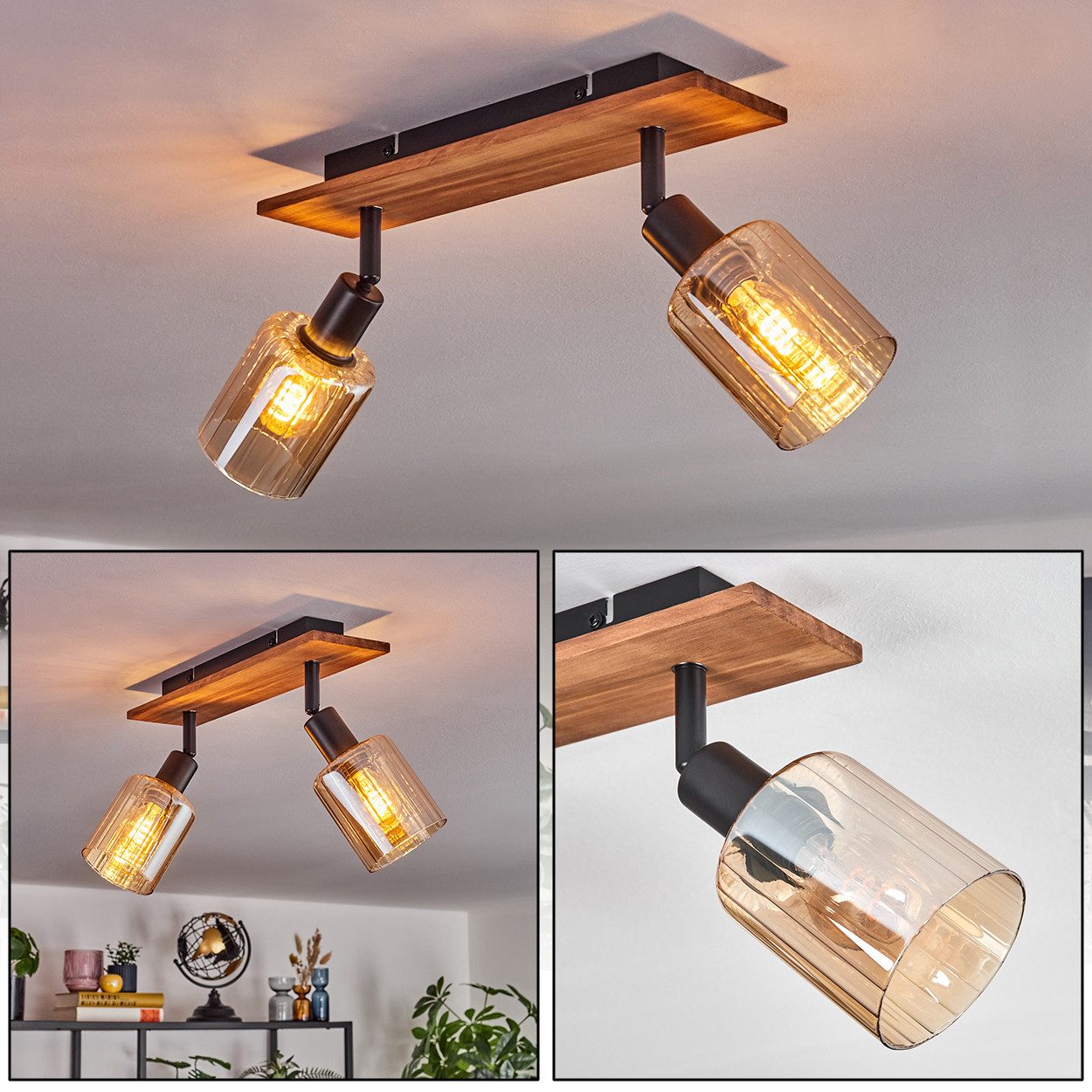 hofstein Deckenleuchte Deckenlampe aus Metall/Holz/Glas in Schwarz/Natur/Be günstig online kaufen
