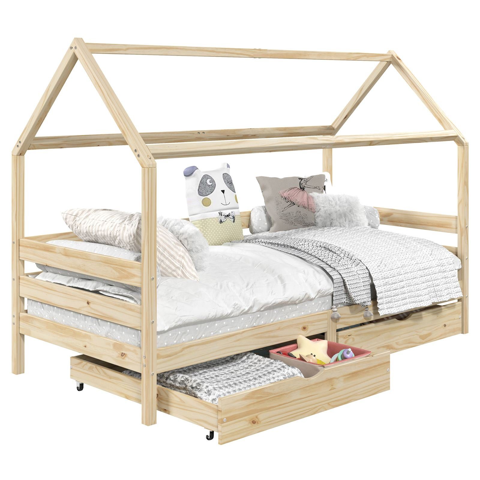 IDIMEX Kinderbett CLIA, Hausbett CLIA Kinderbett Montessori 2 Schubladen 90 x 200 Kiefer massi natur | Alle Betten