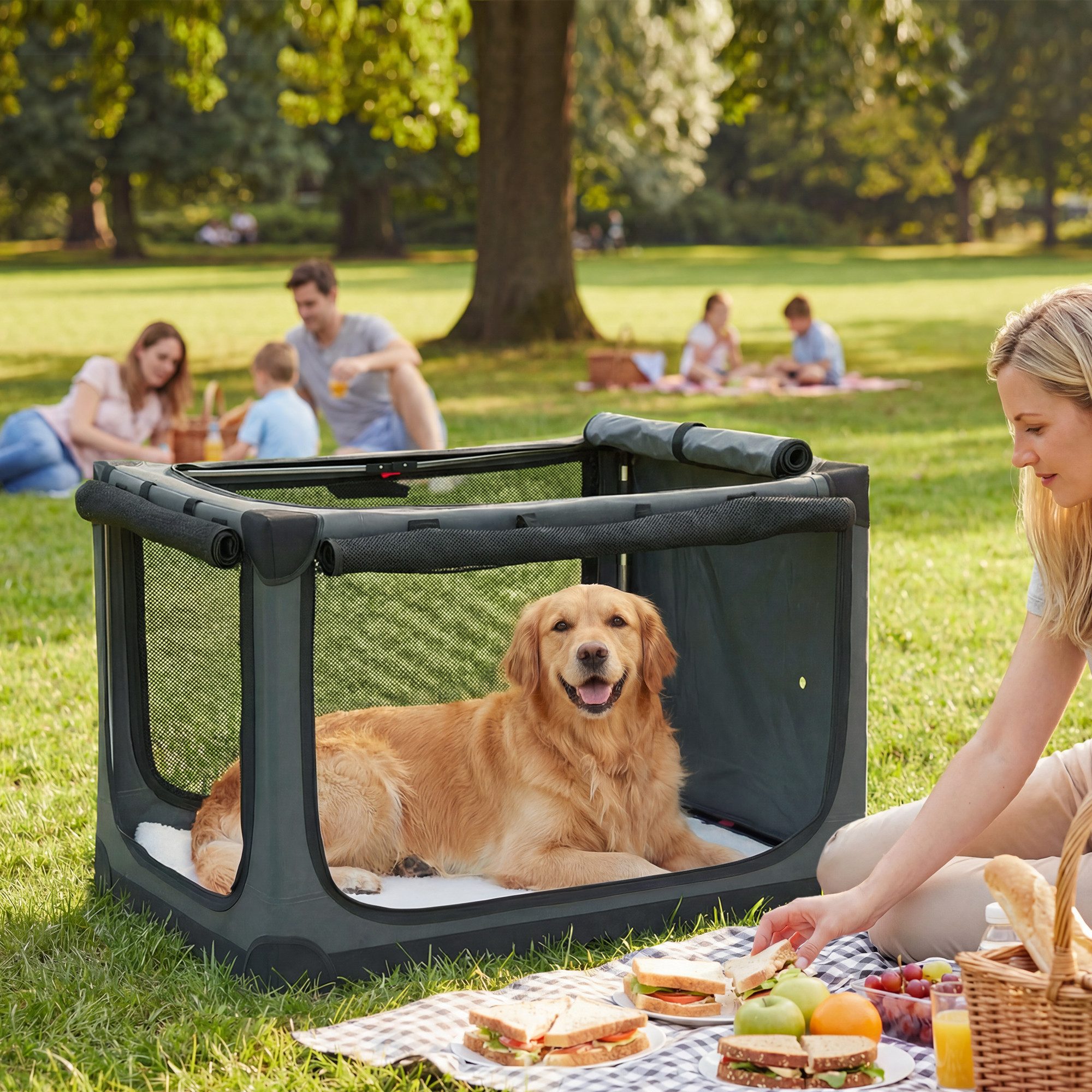 PawHut Tiertransportbox Hundebox faltbar 90x64x64cm Hundetransportbox mit Kissen bis 30 kg, Transportbox aus 600D Oxford-Gewebe für Reise & Auto Armeegrün