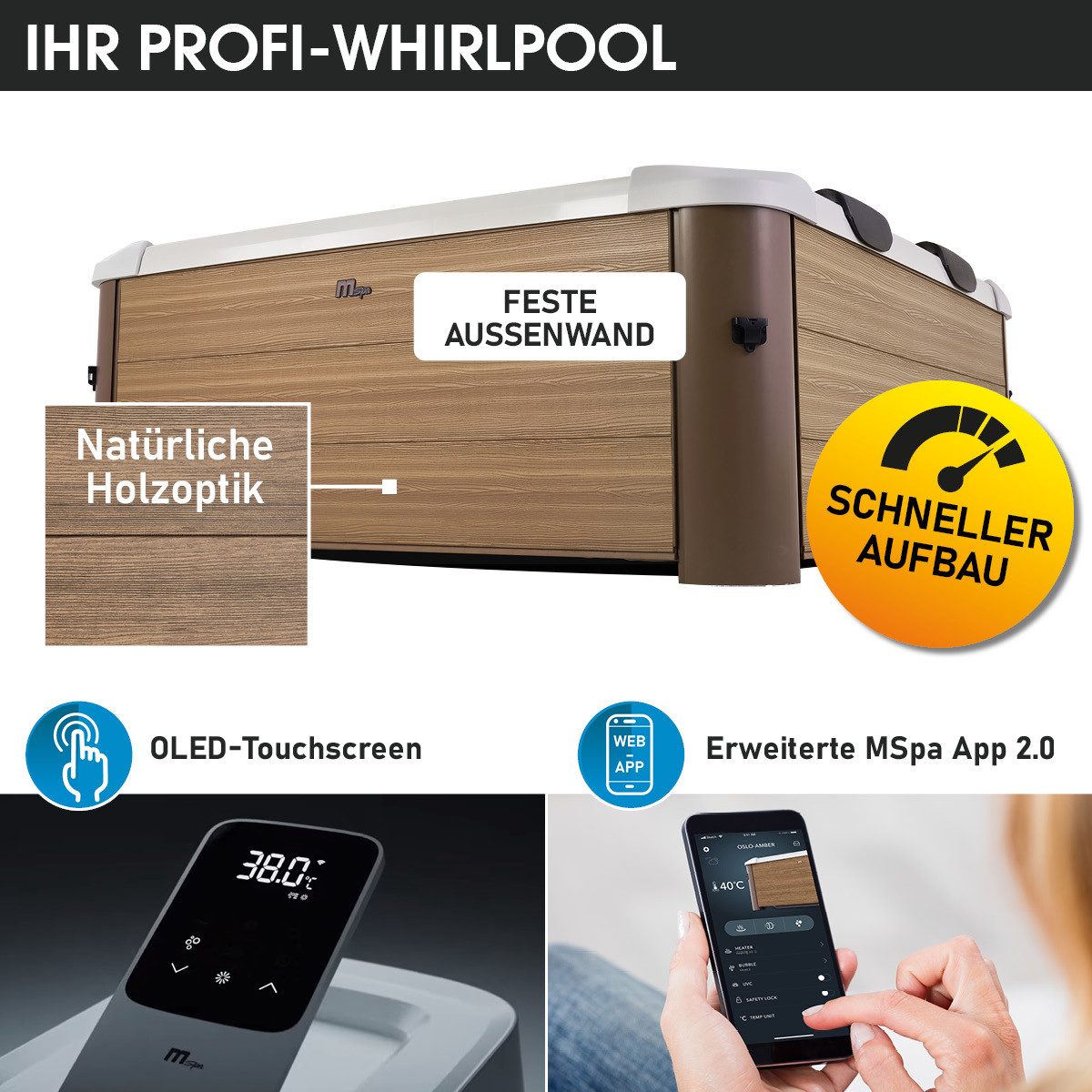 BRAST Whirlpool MSpa Oslo, Sapphire & Amber mit Fester Außenwand, Aufstellbecken, (160x160x65cm, 3 Modelle, LED-Beleuchtung, 6 Personen), Ganzjähriger Einsatz Winterfest