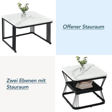 REDOM Couchtisch und 2er Set, Beistelltisch für Schlafzimmer Balkon (2 Tische mit den Maßen, 65x65x45 cm und 45x45x39,5 cm), PVC in Marmoroptik, schwarz matt Stahlrohre