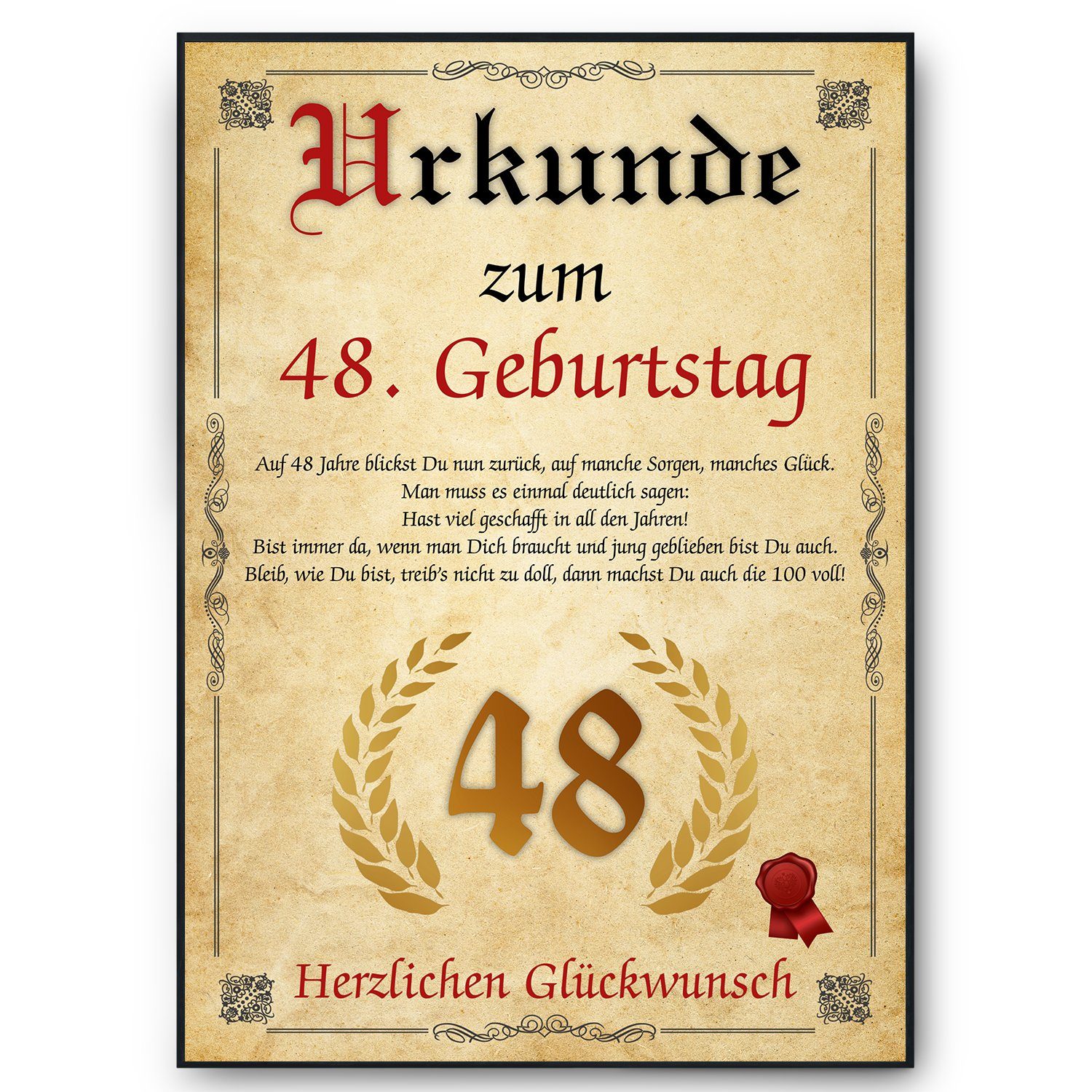 Tigerlino Poster Urkunde zum Geburtstag Mann Frau Geburtstagsgeschenk Geburtstagskarte, 48. Geburtstag Jahrgang 1978, Geburtstagsurkunde