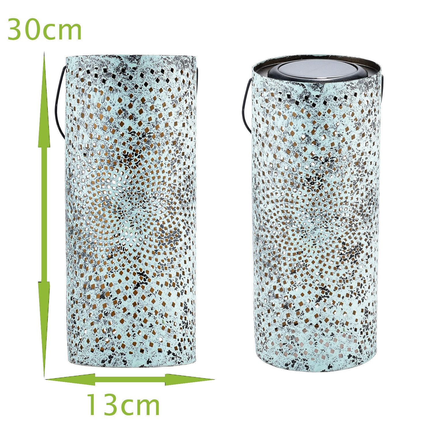 Marrakesch Orient & Mediterran Interior LED Solarleuchte Vintage Solarlaterne Swann handgefertigt aus Metall in Grün 30 cm, LED fest integriert, Handarbeit