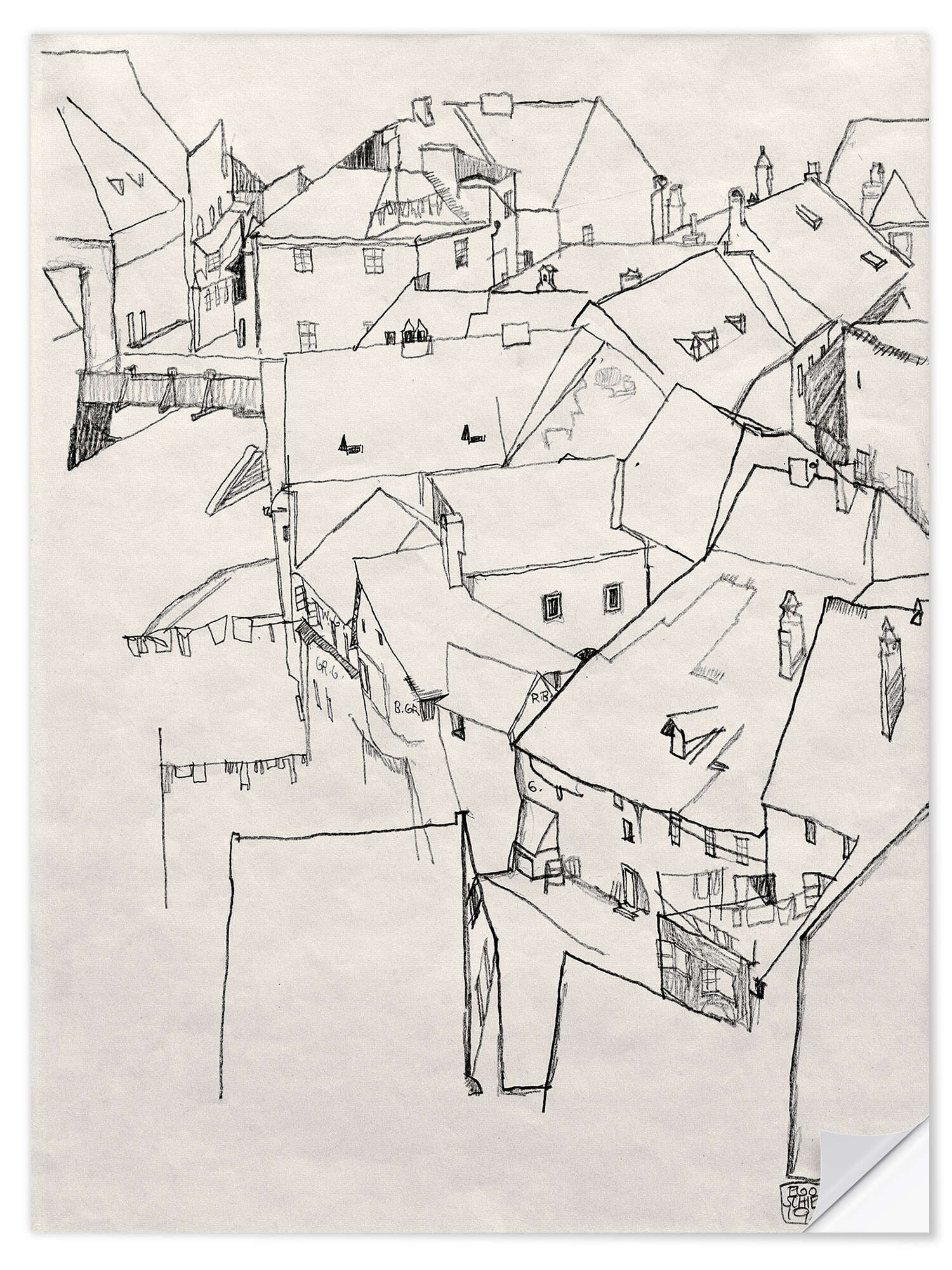 Posterlounge Wandfolie Egon Schiele, Der Häuserbogen, Wohnzimmer Malerei