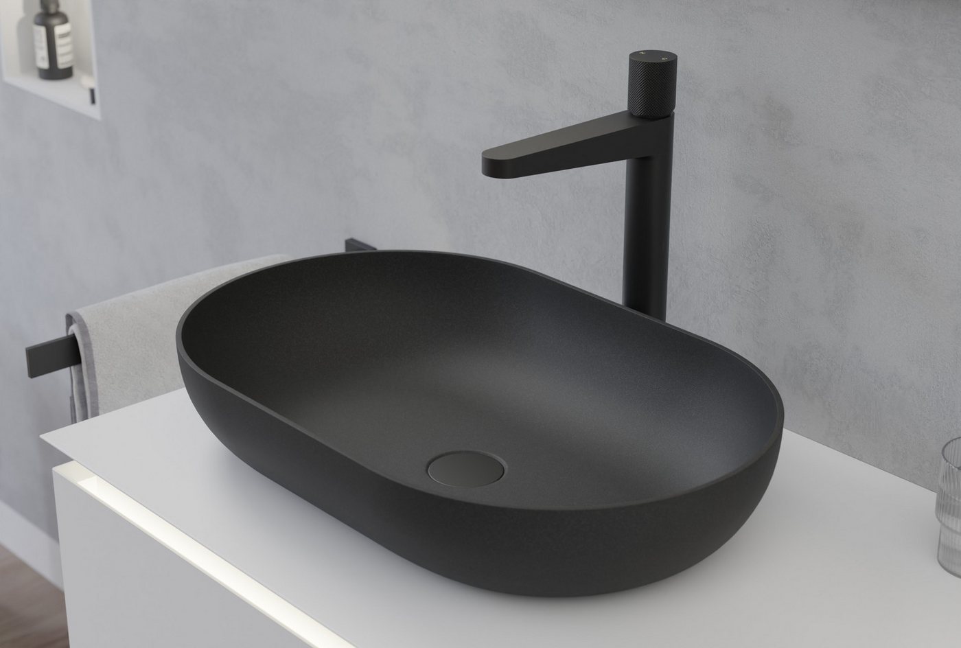Thumbnail - Bernstein Aufsatzwaschbecken O-540 (ideal für Gäste-WC's, inkl. Pop-up-Ablaufventil mit Blende in Schwarz Matt), aus Min...