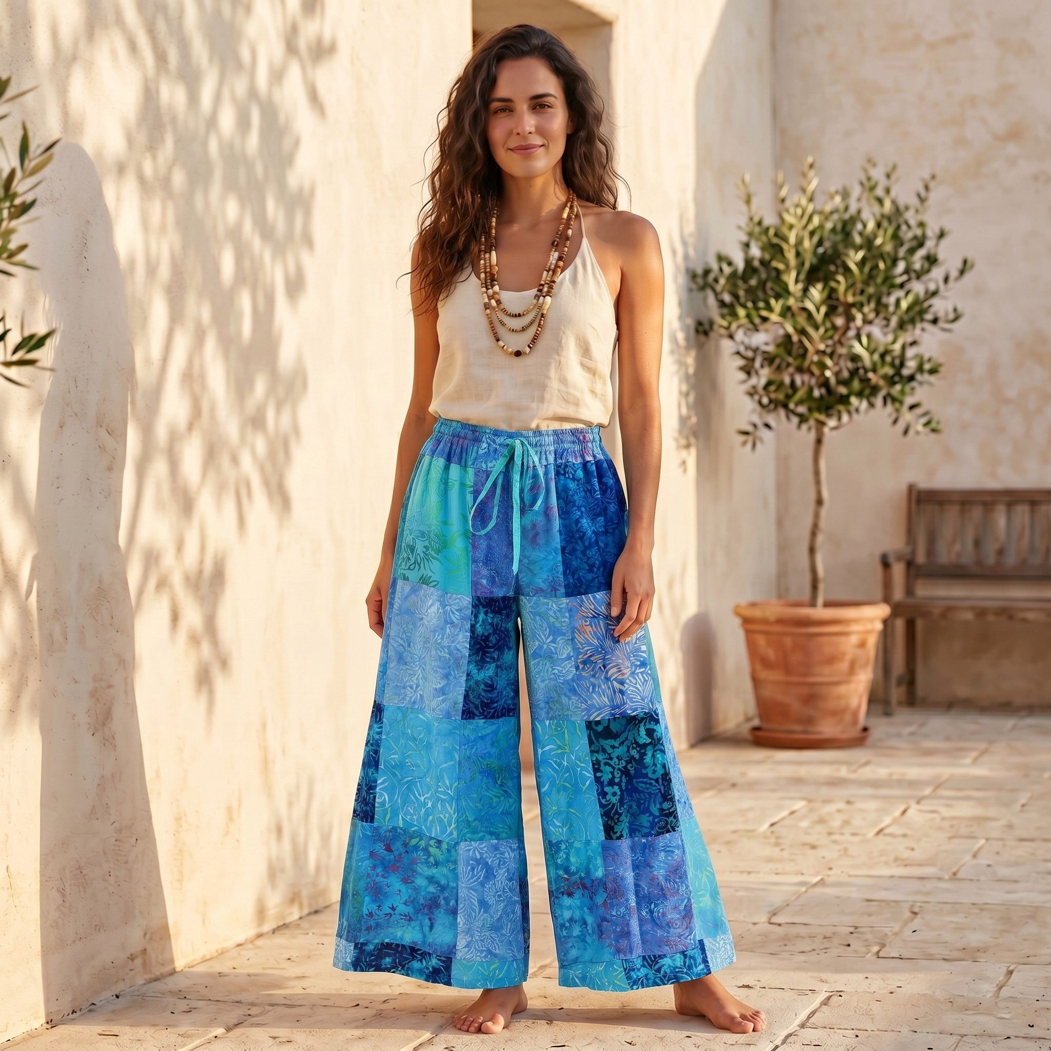 Guru-Shop Relaxhose Bequeme Palazzohose, weite Patchwork Boho.. alternative Bekleidung