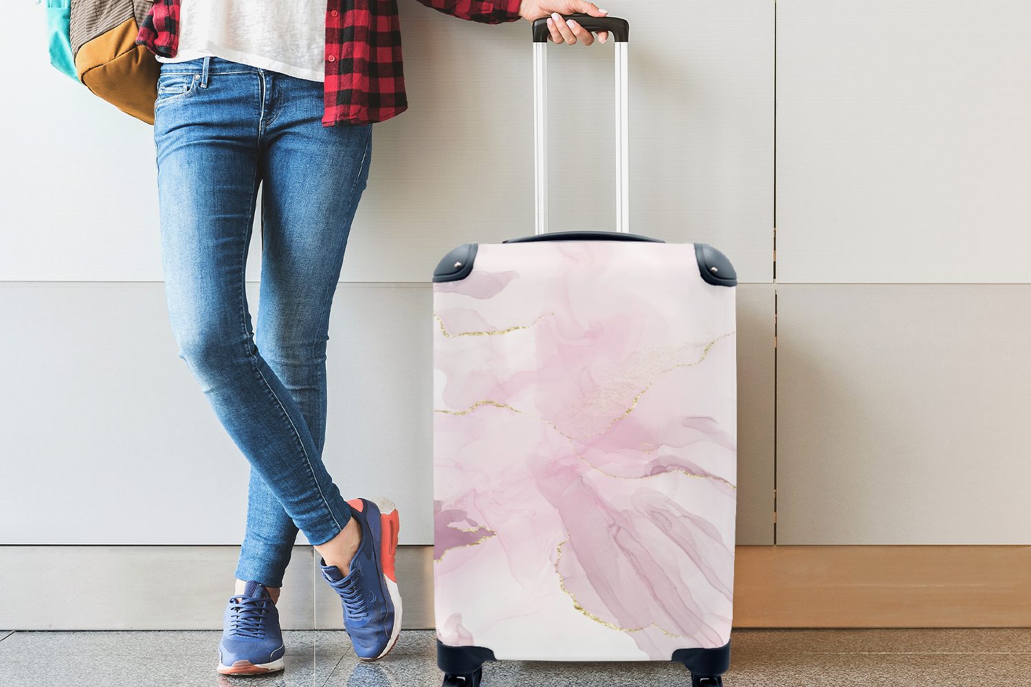 für Rollen, Reisetasche - Marmor Lila MuchoWow 4 Trolley, Ferien, Handgepäck Weiß, rollen, - mit Reisekoffer Handgepäckkoffer