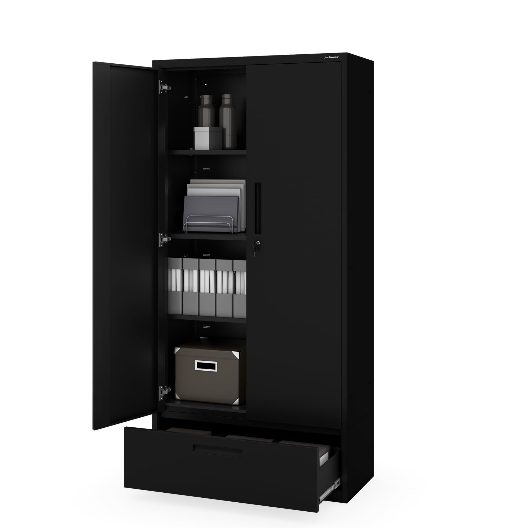 Jan Nowak Aktenschrank Metall Büroschrank 90 cm MEGAN 1 Schublade 30 cm abschließbar (0,6 mm Wandmontage möglich PZH-zertifiziert) Stahl 4 Böden Schloss 2 Schlüssel robust 4 Farben 185 cm