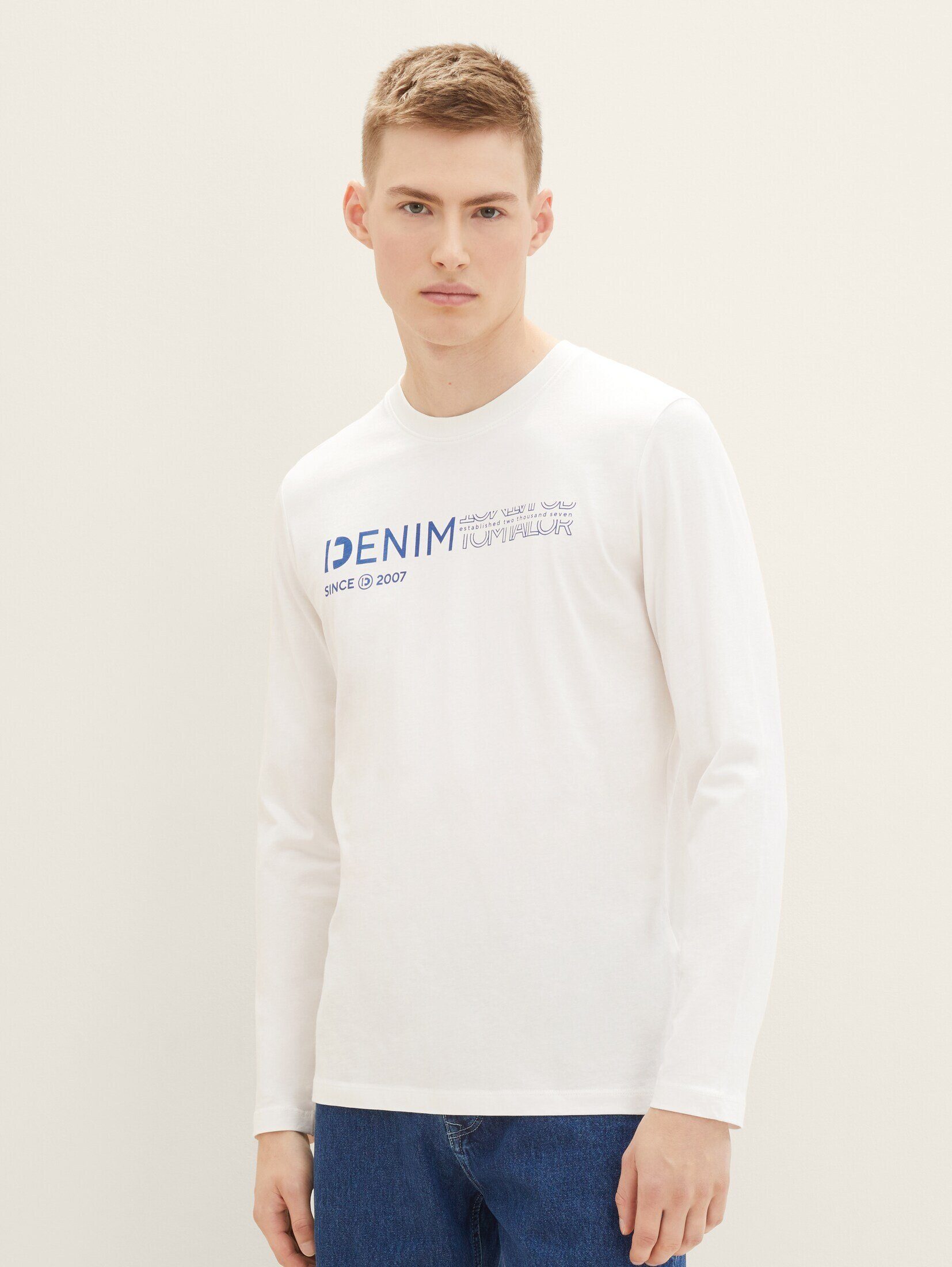 TOM TAILOR Denim T-Shirt Langarmshirt mit Logo Print Wool White