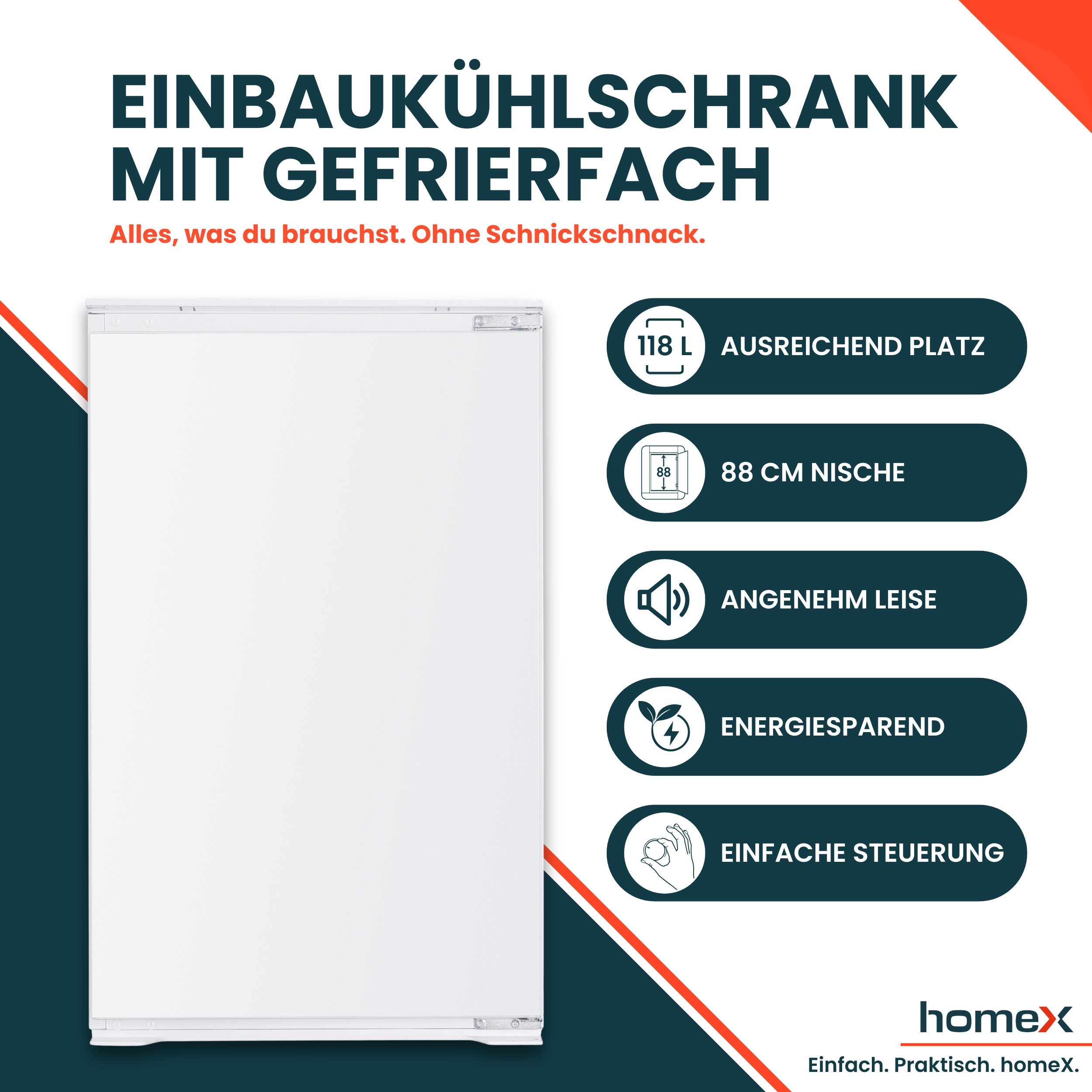 homeX Einbaukühlschrank CFB1181E, 89 cm hoch, 54 cm breit, 118 Liter, mit Gefrierfach, 88cm hoch, Schlepptürtechnik, leise 37 dB