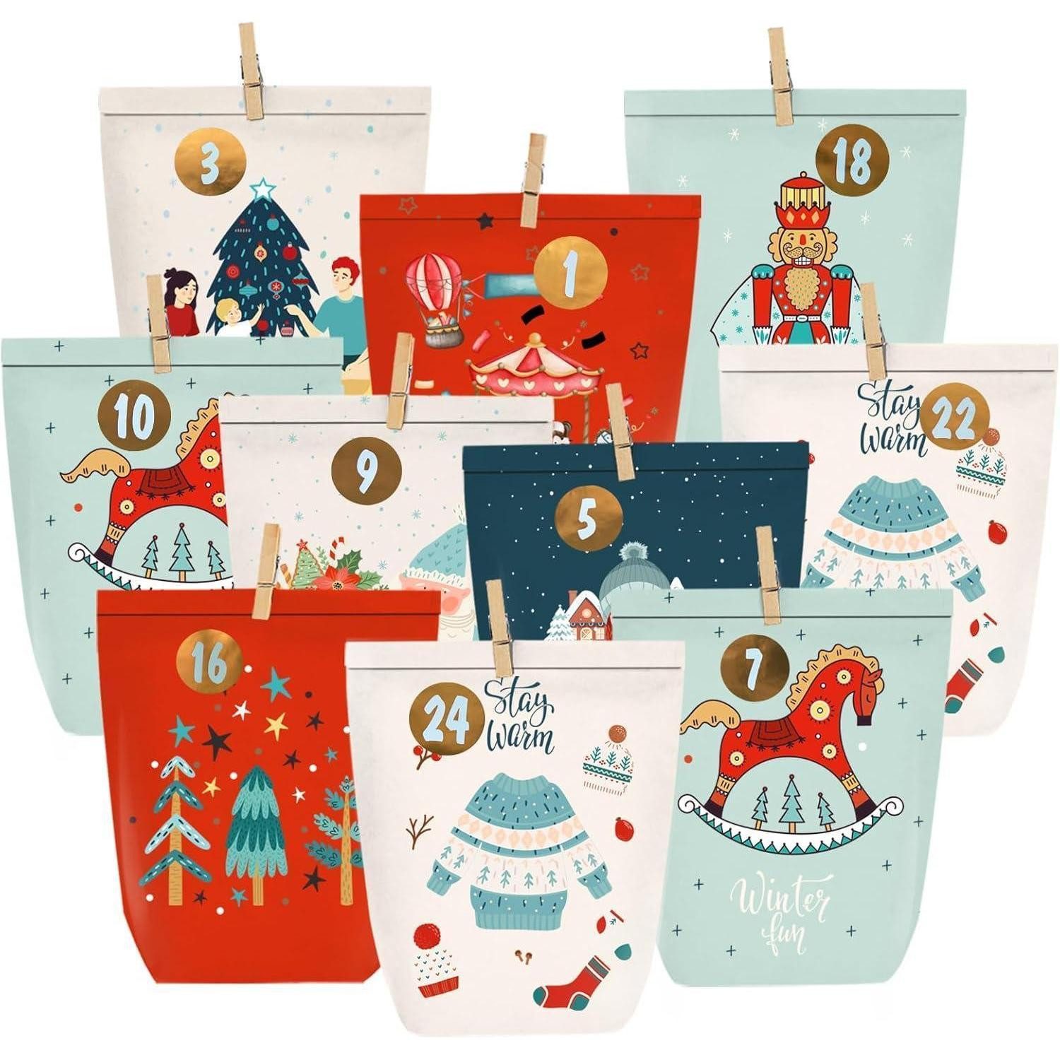 LuxusKollektion DIY-Adventskalender Adventskalender 24 Papiertüten Zahlenaufkleber Basteln Bunt Blau