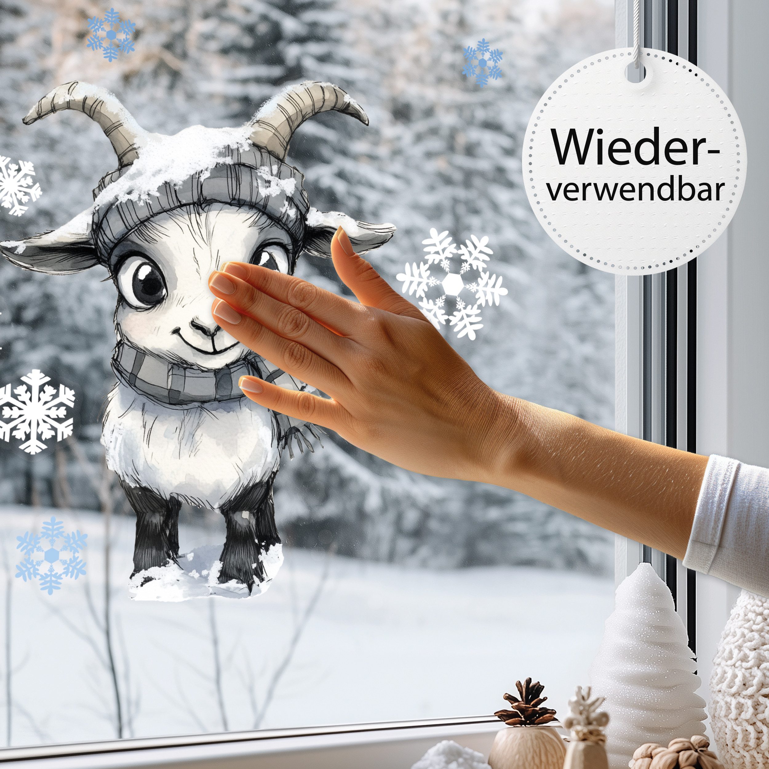 Sunnywall Fensterbild Kinderzimmer Fensterbild Winter Ziege, wiederverwendbar, statisch haftend, beidseitiger Druck