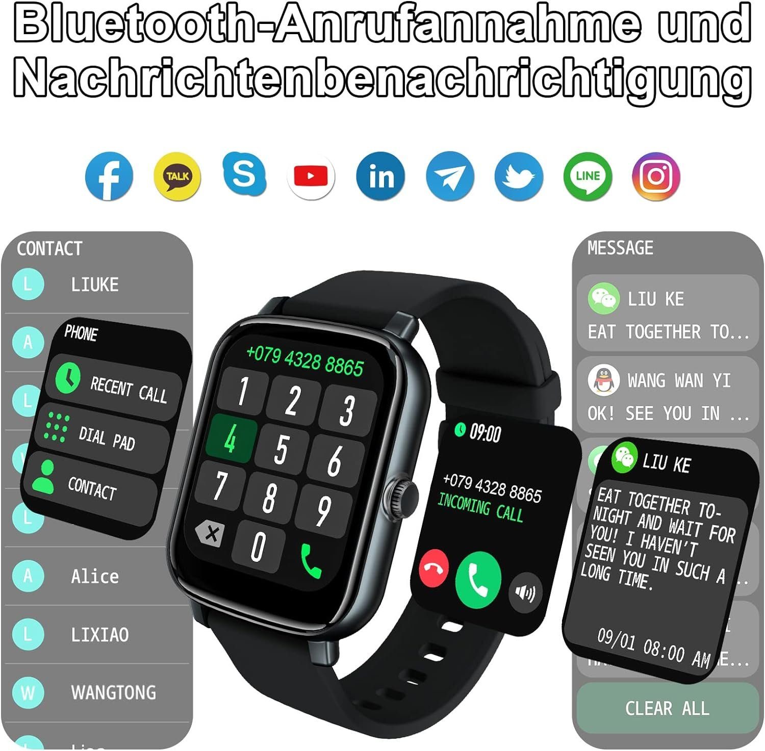 Zero-G Roadster Smartwatch (1,7 Zoll, Android, iOS), Telefonfunktion  Whatsapp Funktion, Schrittzähler,Herren Damen,Sportuhr