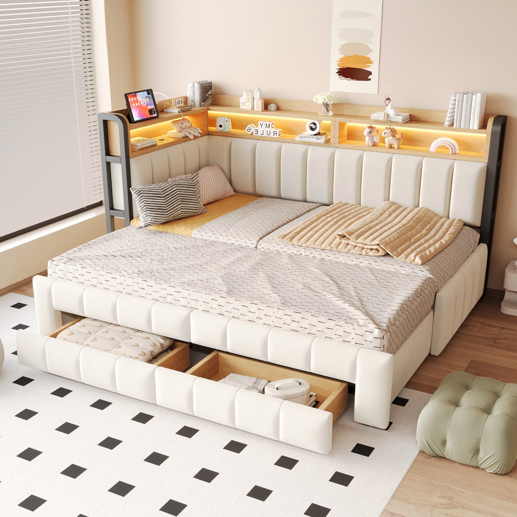 Merax Daybett 90x200cm/180x200cm mit LED-Beleuchtung und USB & Typ-C Anschluss (Jugendbett Sofabett Schlafsofa aus Samtbezug, 1 tlg), Tagesbett mit Ausziehbett, Stauraumschubladen & Ablagefächern