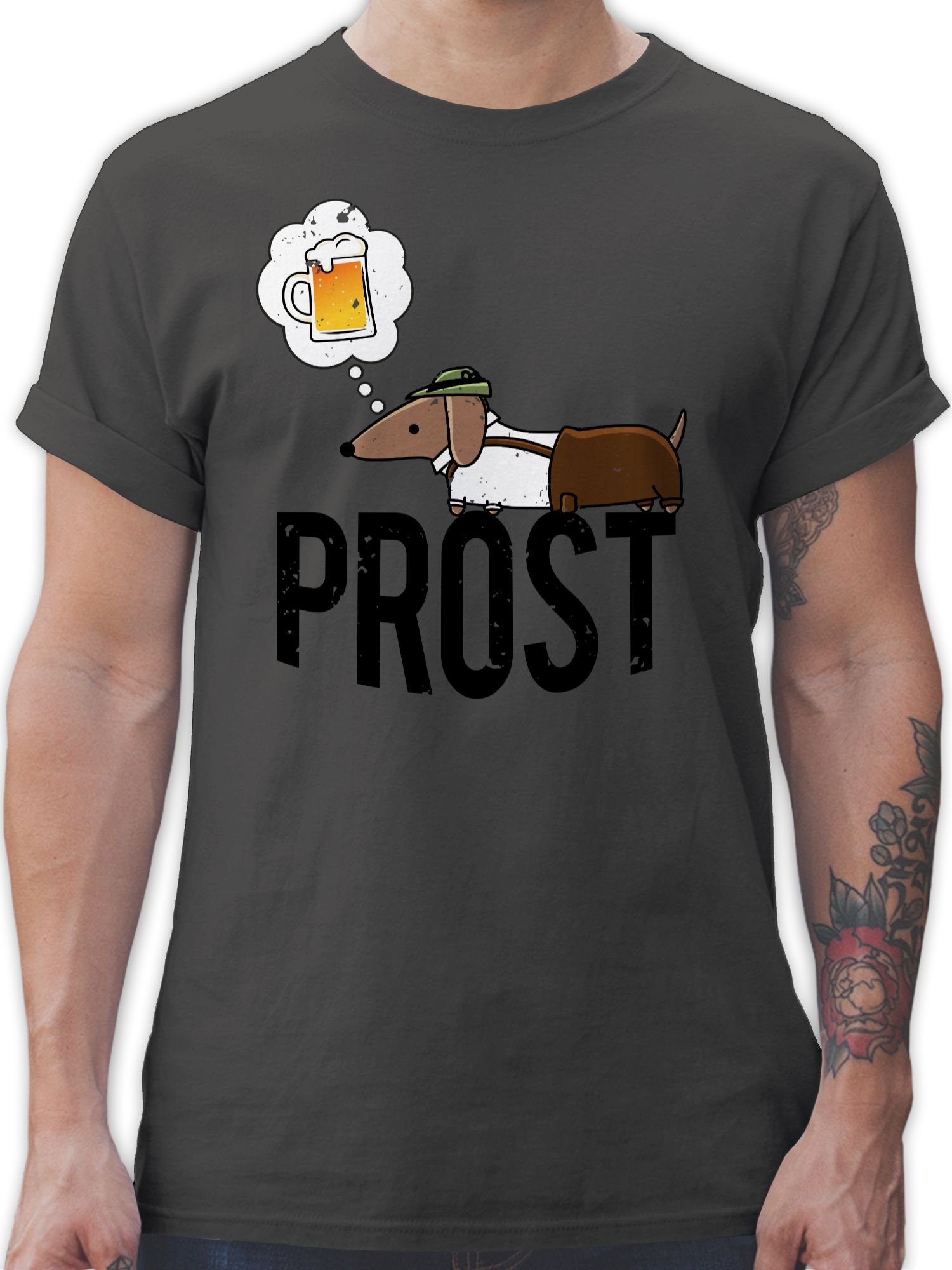 Shirtracer T-Shirt Prost mit Dackel und Bier Vintage Mode für Oktoberfest Herren 03 Dunkelgrau