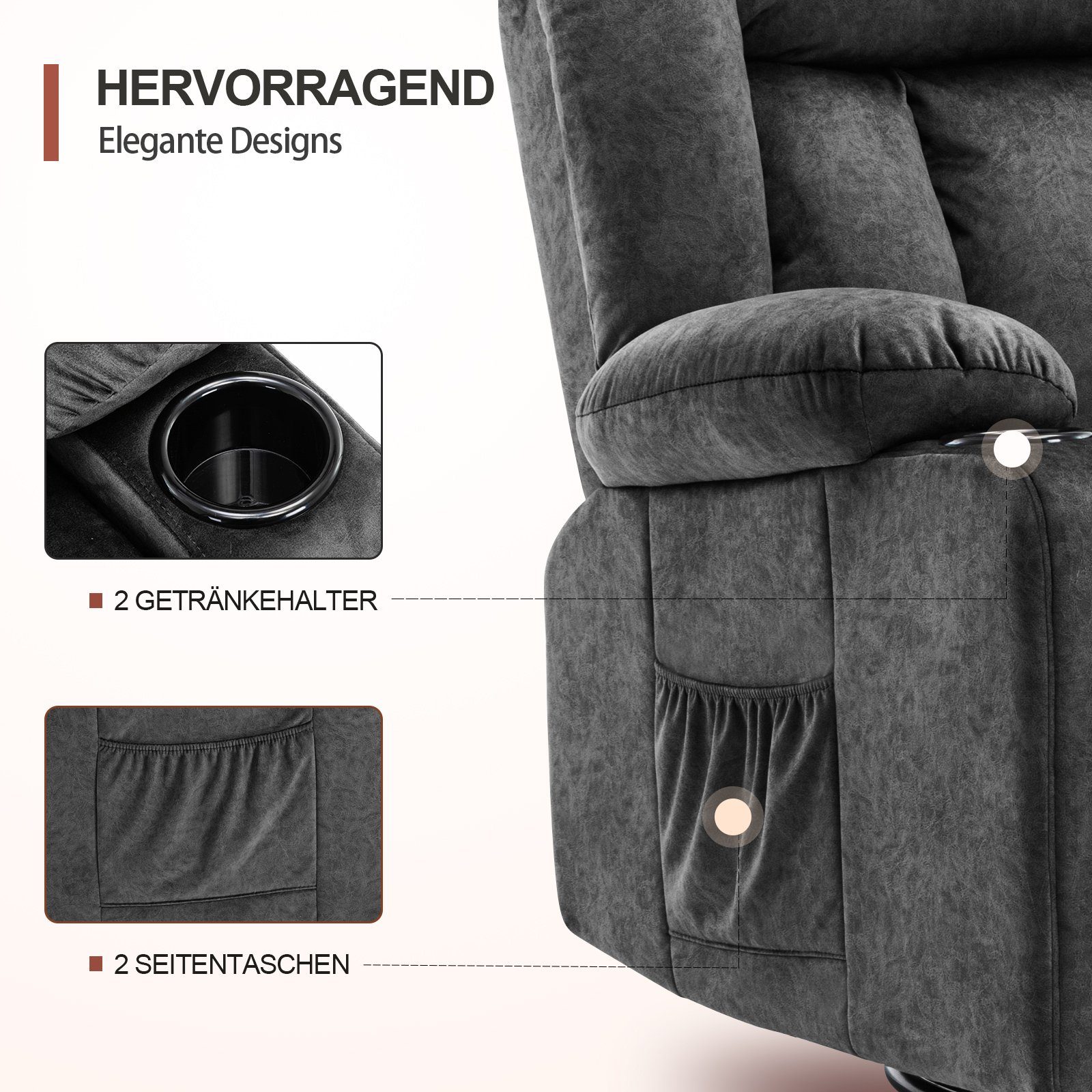 COMHOMA Relaxsessel TV-Sessel Fernsehsessel Ruhesessel mit Wippfunktion, 360° drehbar, Lounge Sessel für Wohnzimmer, Getränkehalter, Seitentaschen – Bild 5 von 5