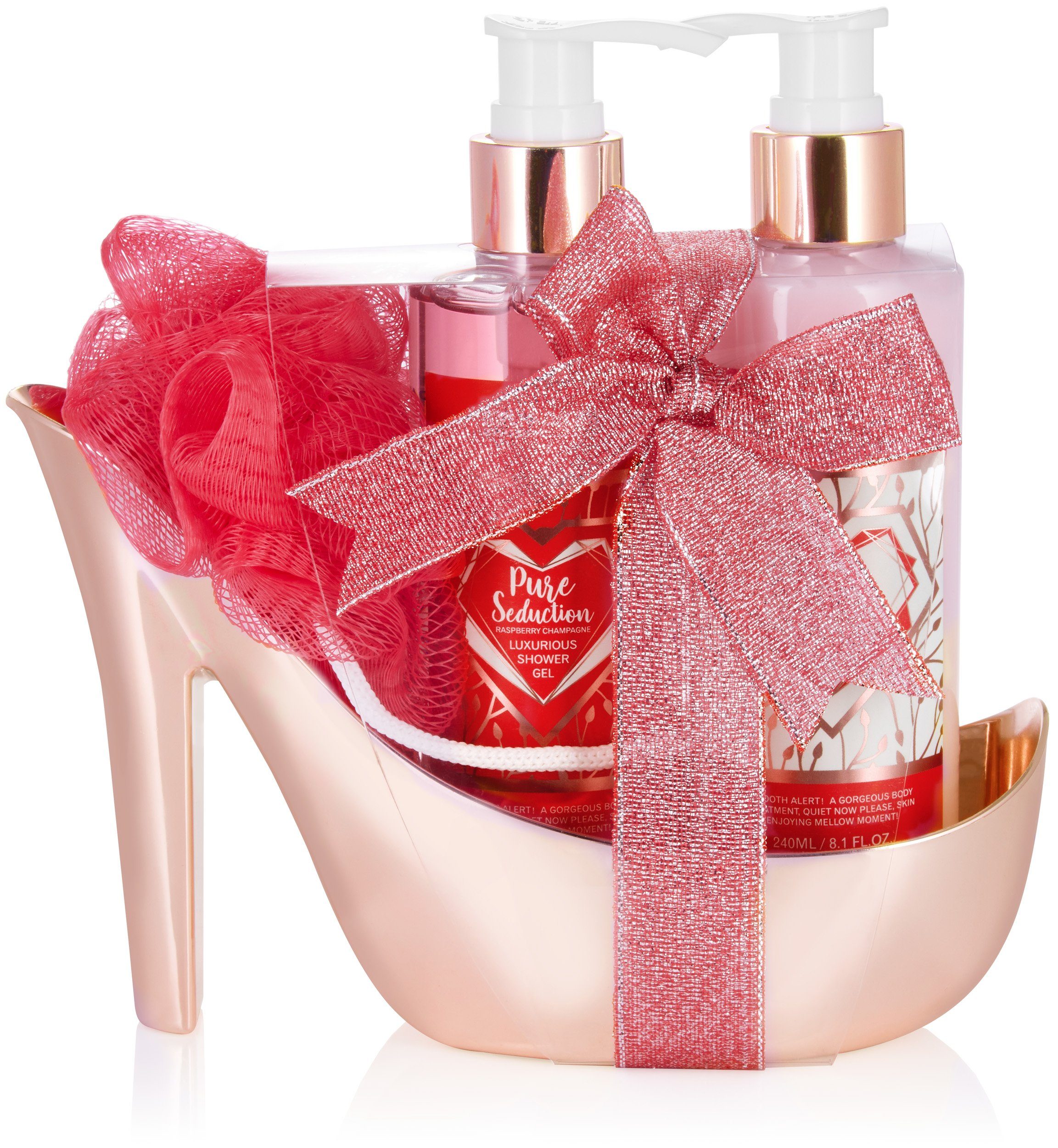 BRUBAKER Pflege-Geschenkset Stiletto Dusch Set für Frauen mit Himbeer Duft, Badeset Wellness, 4-tlg., Damen Pump Geschenkset in High Heel Rosé Gold, Pflegeset