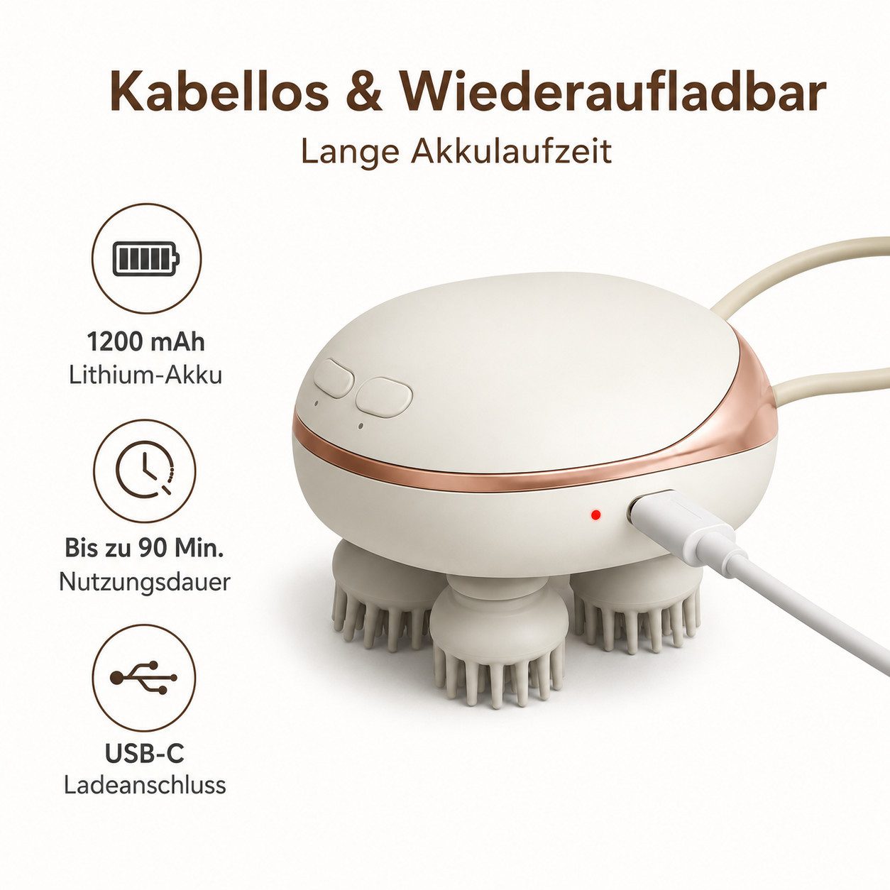 pedete Massagegerät Kopfmassagegerät Massagegerät elektrisches mit 4 Massageköpfen, geräte Scalp Massager Abnehmbare Silikonköpfe, kopfhaut massagebürste Anti-S – Bild 4 von 5