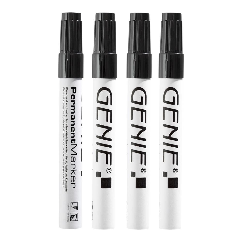 GENIE Permanentmarker Universalstifte Schwarz, 4er-Set, 1–3 mm, (Permanentmarker-Set), 1–3 mm Strichbreite, Aluminiumschaft, schnelltrocknend