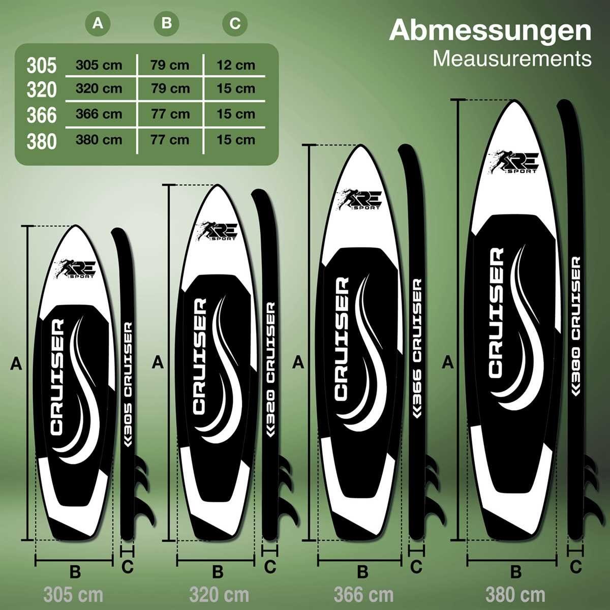 SUP-Board, aufblasbar Board Grün Set (Set), Stand Up RE:SPORT Paddle 305/320/366/380cm