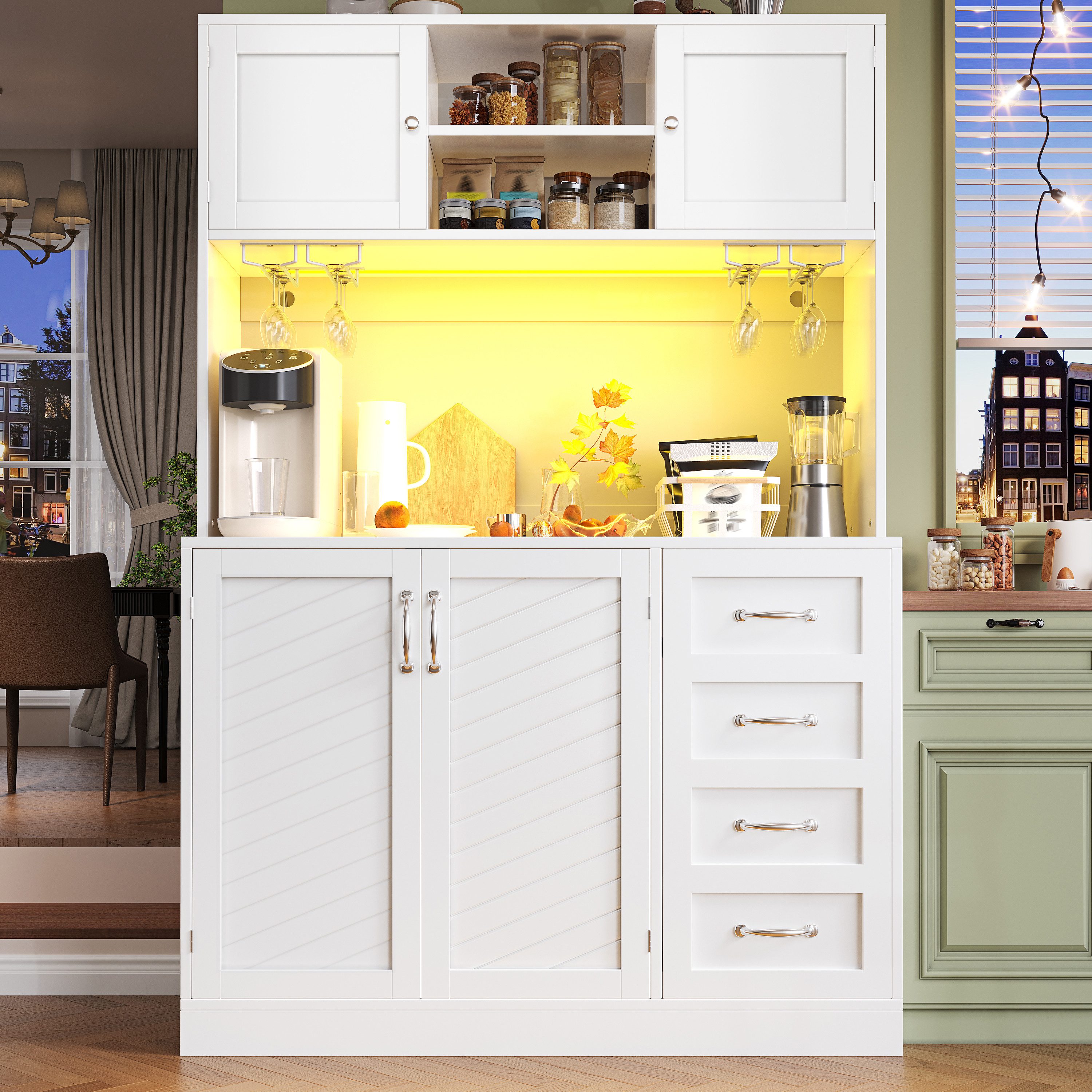 Flieks Küchenbuffet mit LED-Beleuchtung, Gläserhalter, Schubladen und Türablagen (1-St., B120/T40/H188 cm) Hochschrank Küchenschrank Geschirrschrank mit Arbeitsplatte Weiß