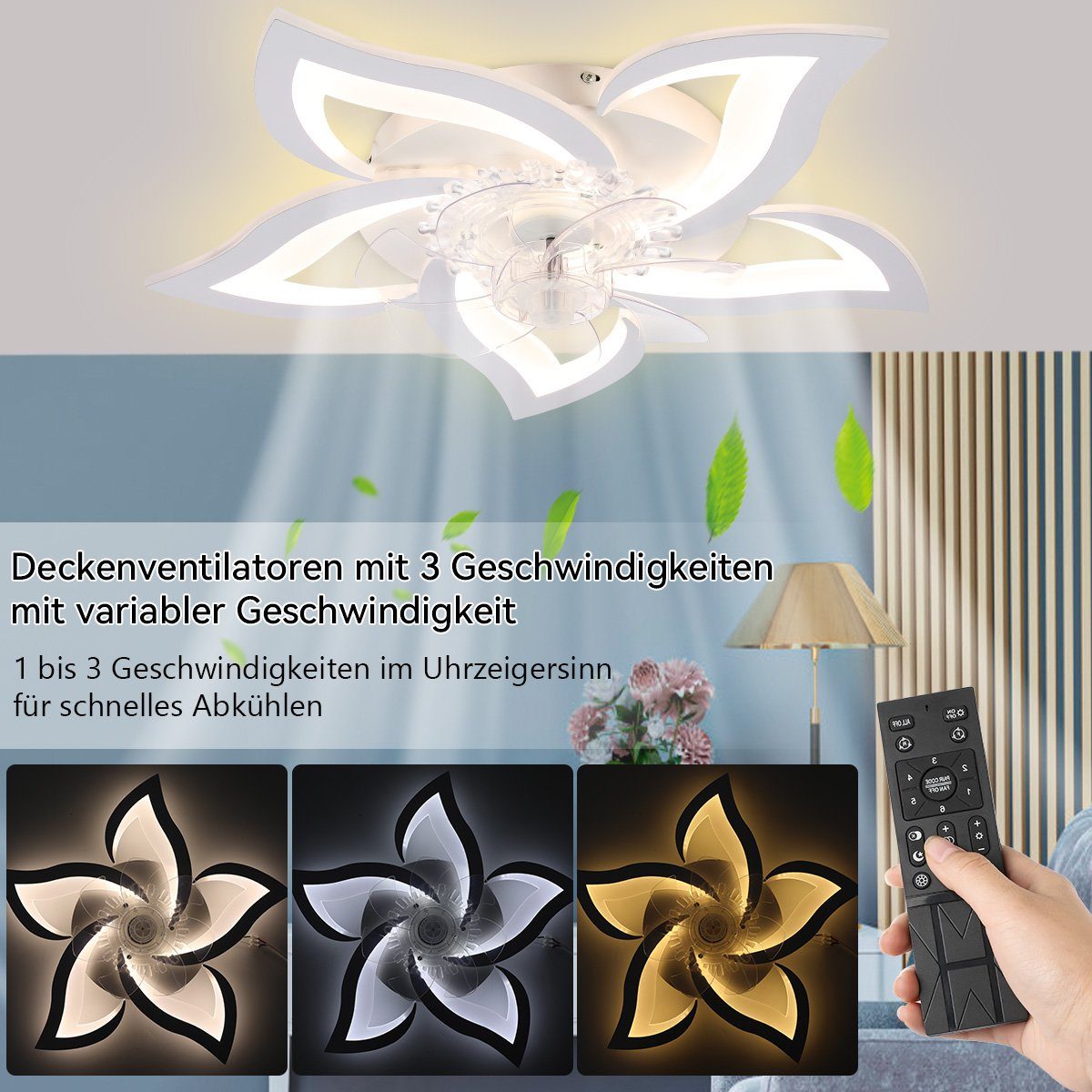 Lichter Deckenleuchte LED Deckenbeleuchtung Warmweiß, Design mit Deckenventilator 5 Beleuchtung, LED mit Ventilator, 60W Leise LETGOSPT Deckenleuchte Deckenventilator Naturweiß, fest LED Kaltweiß, 5000LM, integriert,